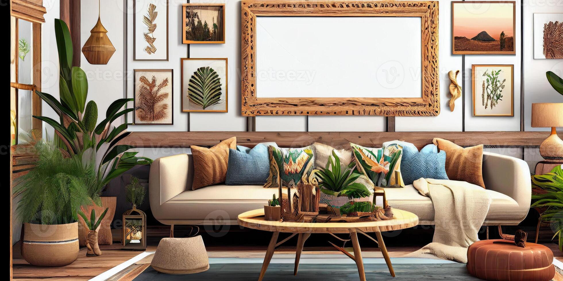 Stylish scandinavian living room with design mint sofa, furnitures, mock up poster map, plants and elegant personal accessories. Modern home decor. Bright and sunny room. Generative AI illustration. photo