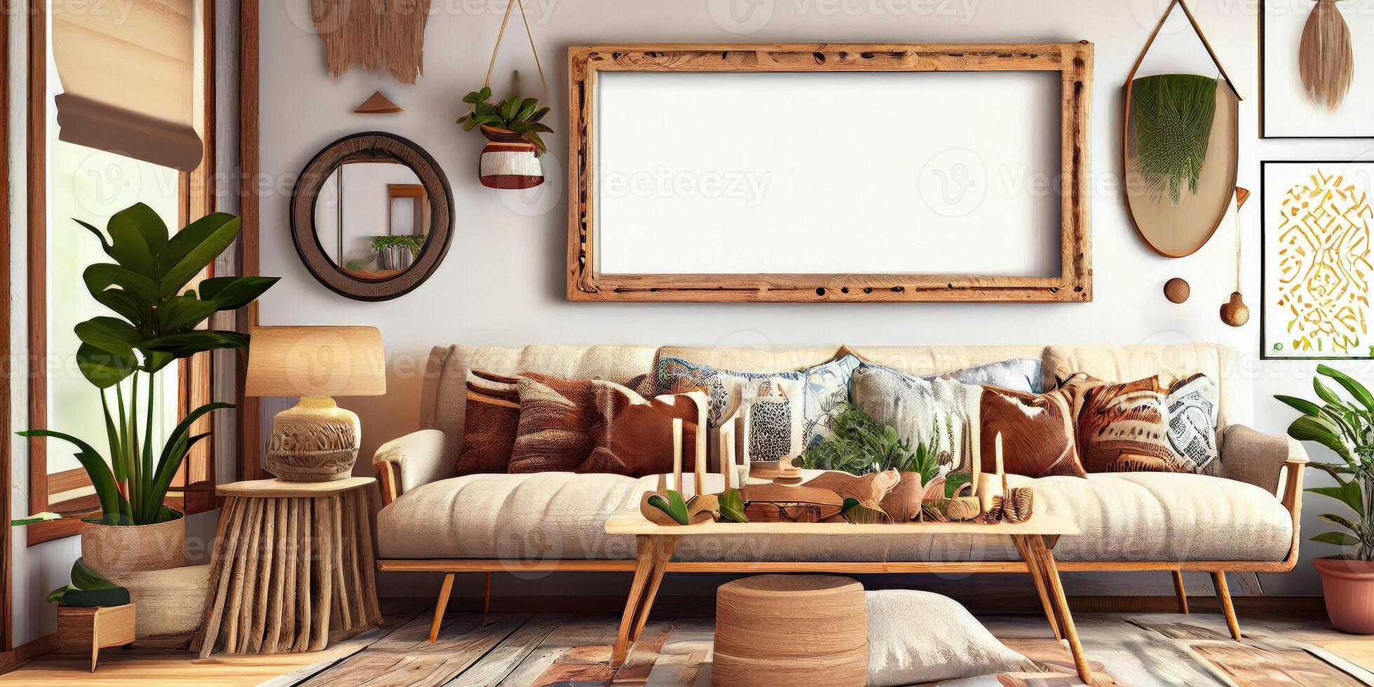 Stylish scandinavian living room with design mint sofa, furnitures, mock up poster map, plants and elegant personal accessories. Modern home decor. Bright and sunny room. Generative AI illustration. photo