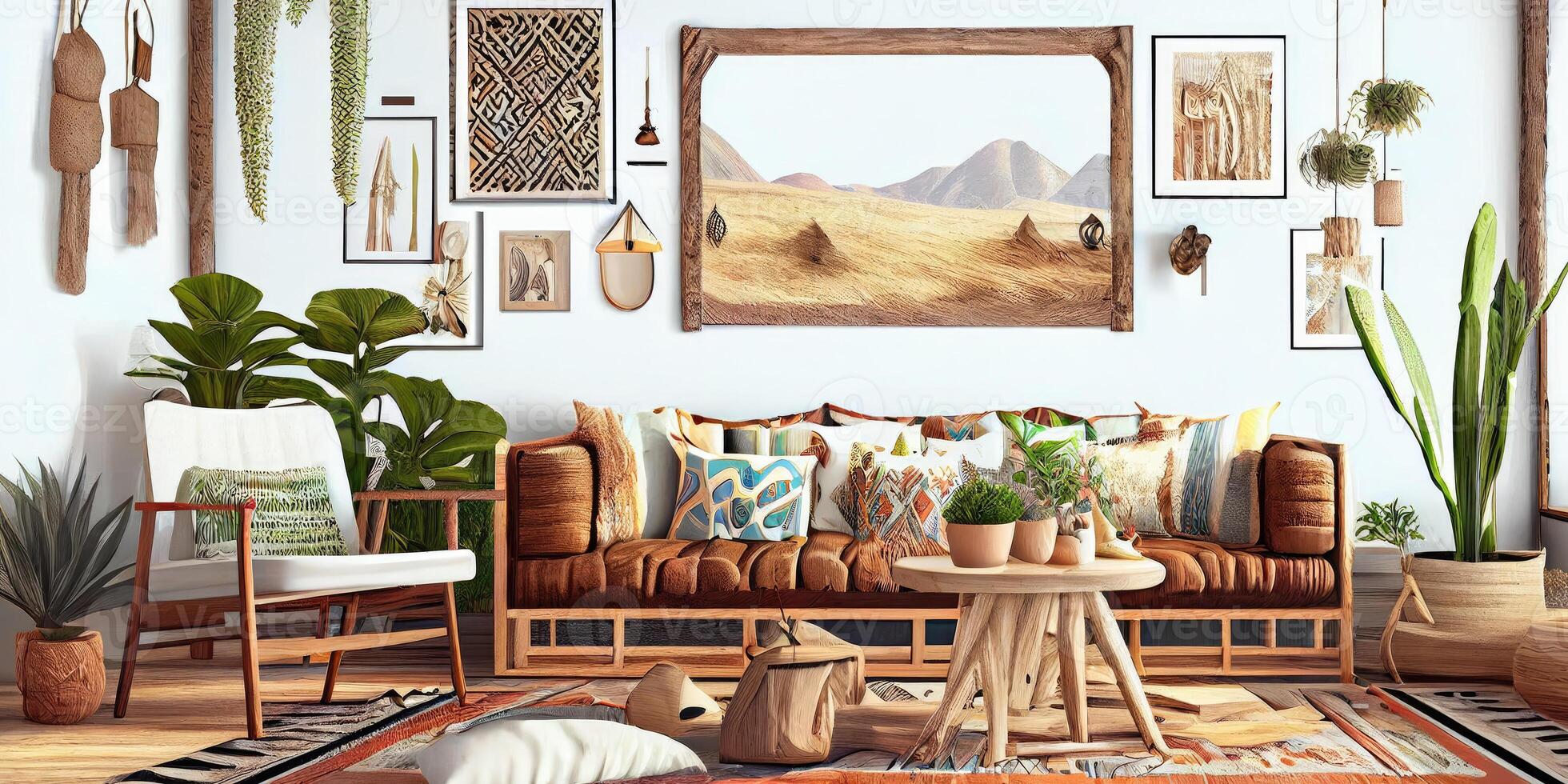 Stylish scandinavian living room with design mint sofa, furnitures, mock up poster map, plants and elegant personal accessories. Modern home decor. Bright and sunny room. Generative AI illustration. photo