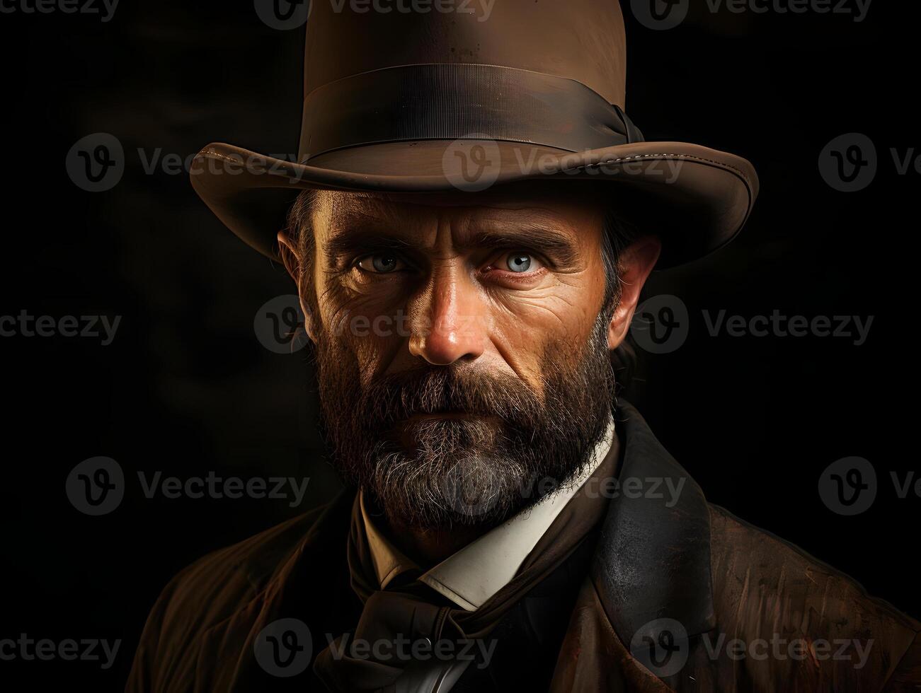 AI generated Portrait of a Bearded Old Cowboy Wearing a Hat against a Dark Background. Wild Western Man. Generative Ai photo