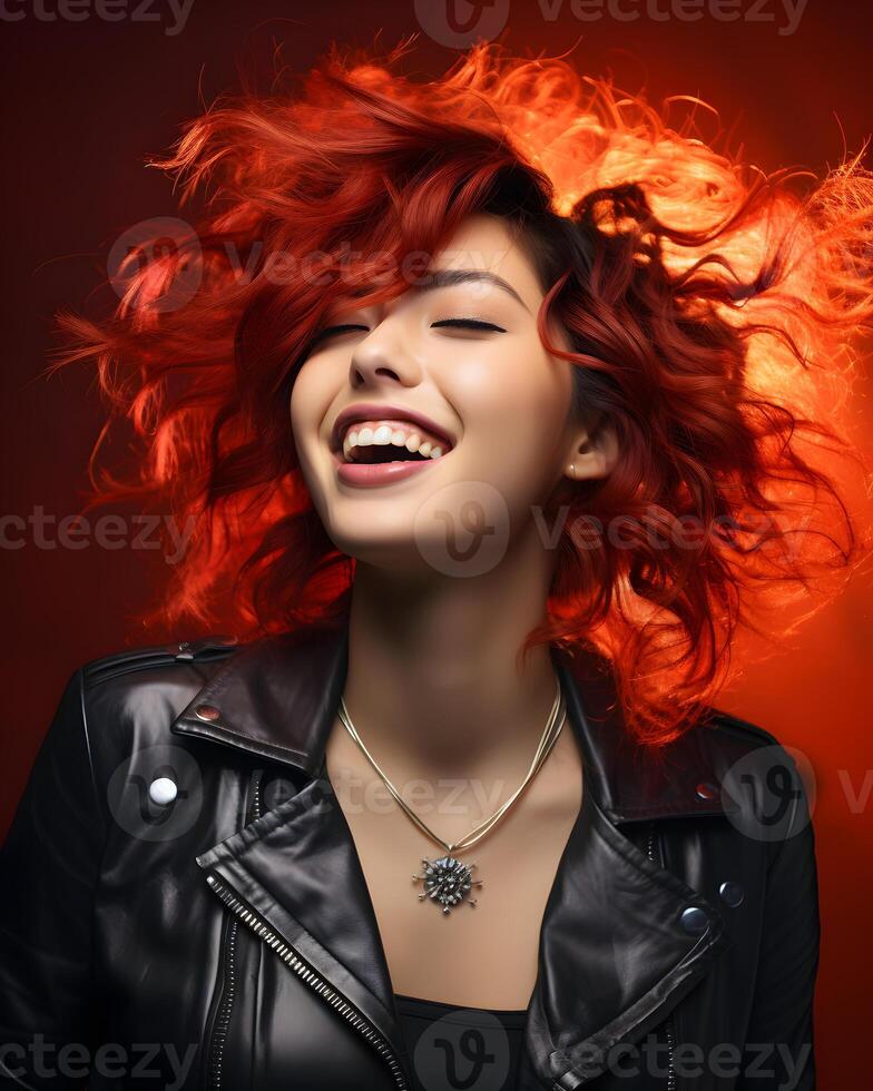 AI generated Smiling Asian Rockstar Woman with Colorful Curly Hair. Model Posing for Photo Shoot. Generative Ai