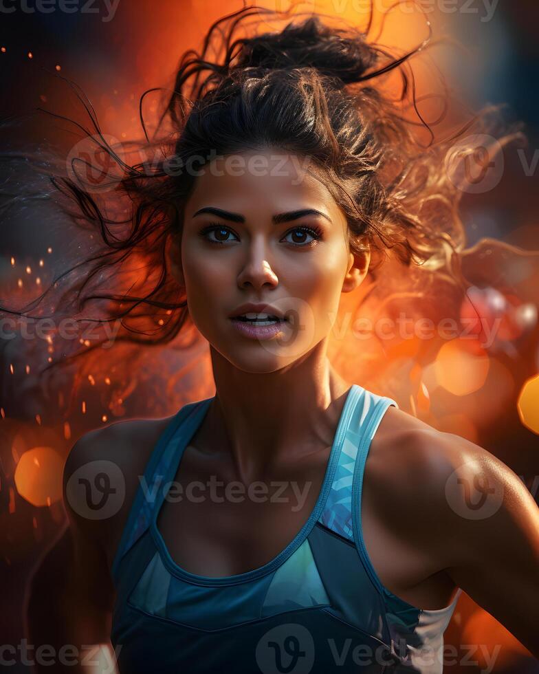 AI generated A Female Athlete Runs on a Track with Energetic Light Effects Behind. Women in Marathon. Generative Ai photo