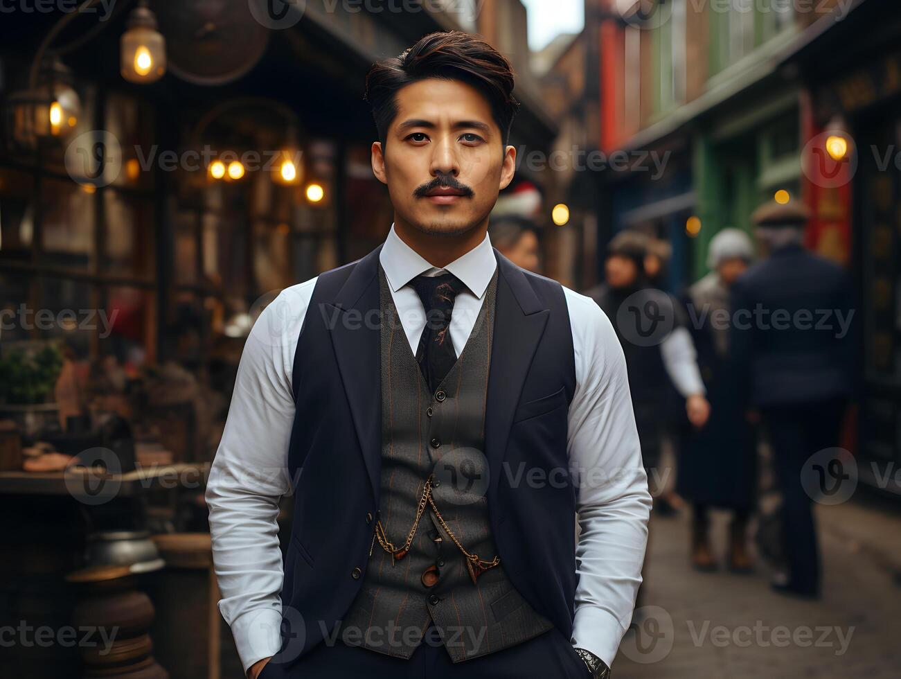 AI generated Portrait of Masculine Asian Man in Vintage Clothes. Gangster Group in 1920. Generative Ai photo