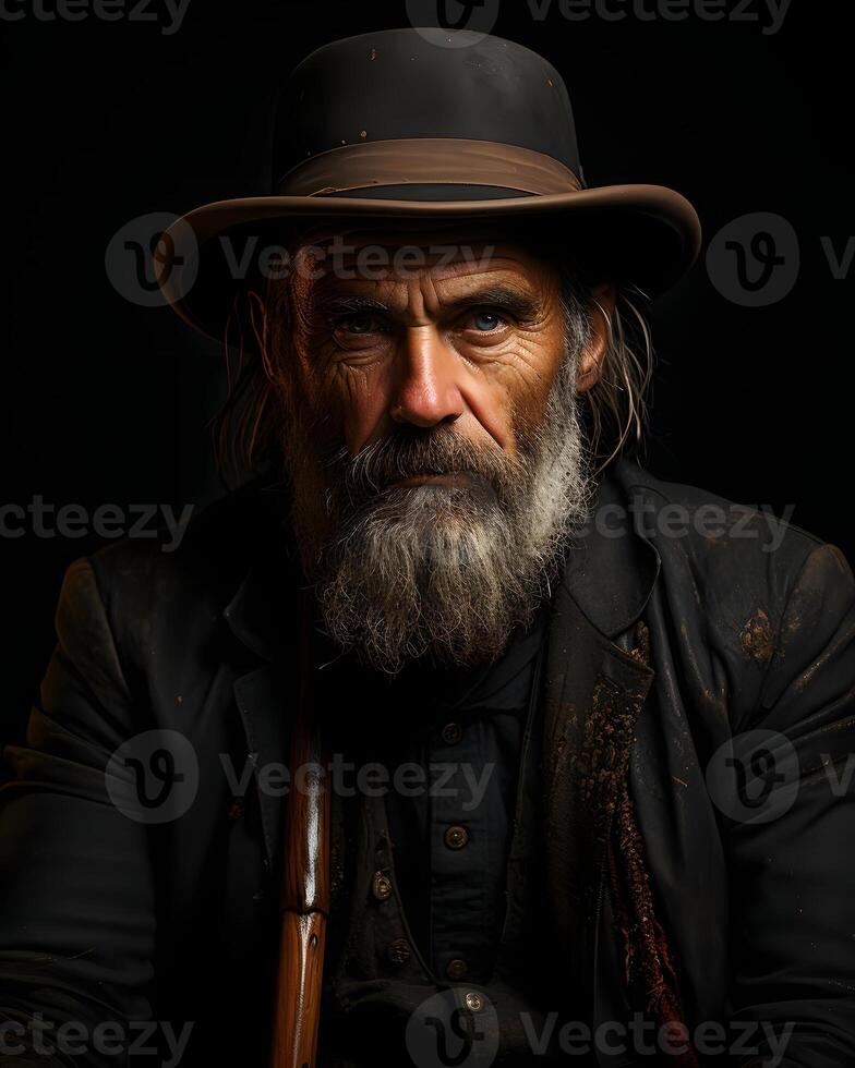 AI generated Portrait of a Bearded Old Cowboy Wearing a Hat against a Dark Background. Wild Western Man. Generative Ai photo