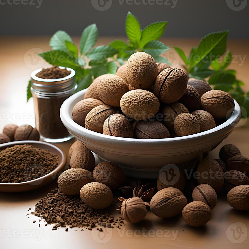 AI generated Pile of Nutmeg Isolated on White Background. Generative Ai photo