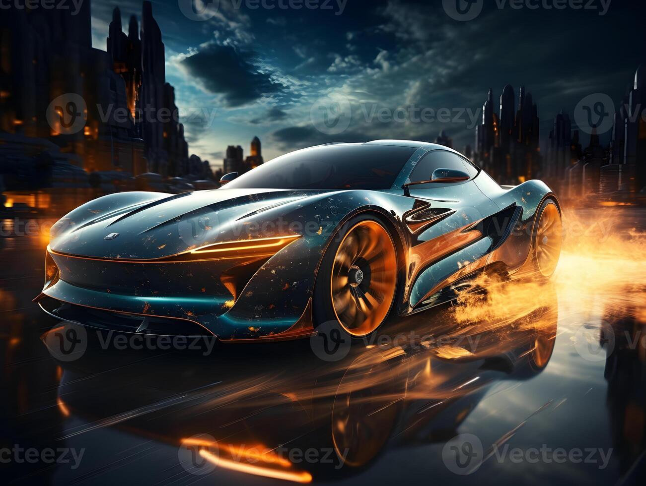 AI generated Futuristic Sport Car Drifting on Track with Light Trails Effect. Generative Ai photo