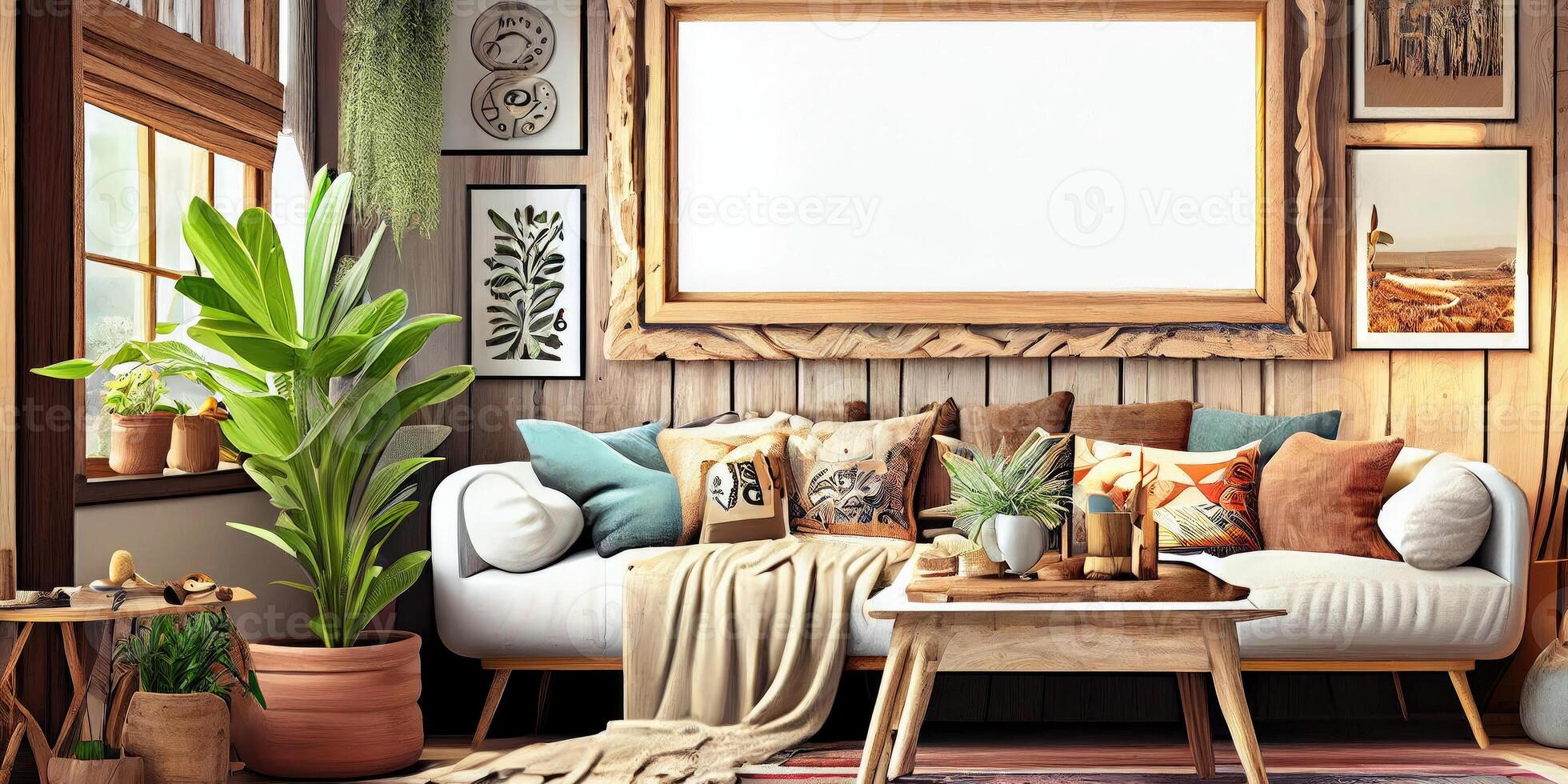 Stylish scandinavian living room with design mint sofa, furnitures, mock up poster map, plants and elegant personal accessories. Modern home decor. Bright and sunny room. Generative AI illustration. photo