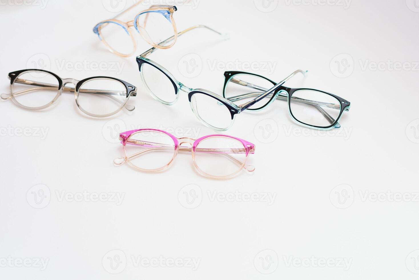 Child's plastic frame for glasses. Mock up for the design of optics store and shop, eye clinic. Glasses for reading and distance, correction of sight. Beautiful eyeglasses rim. photo