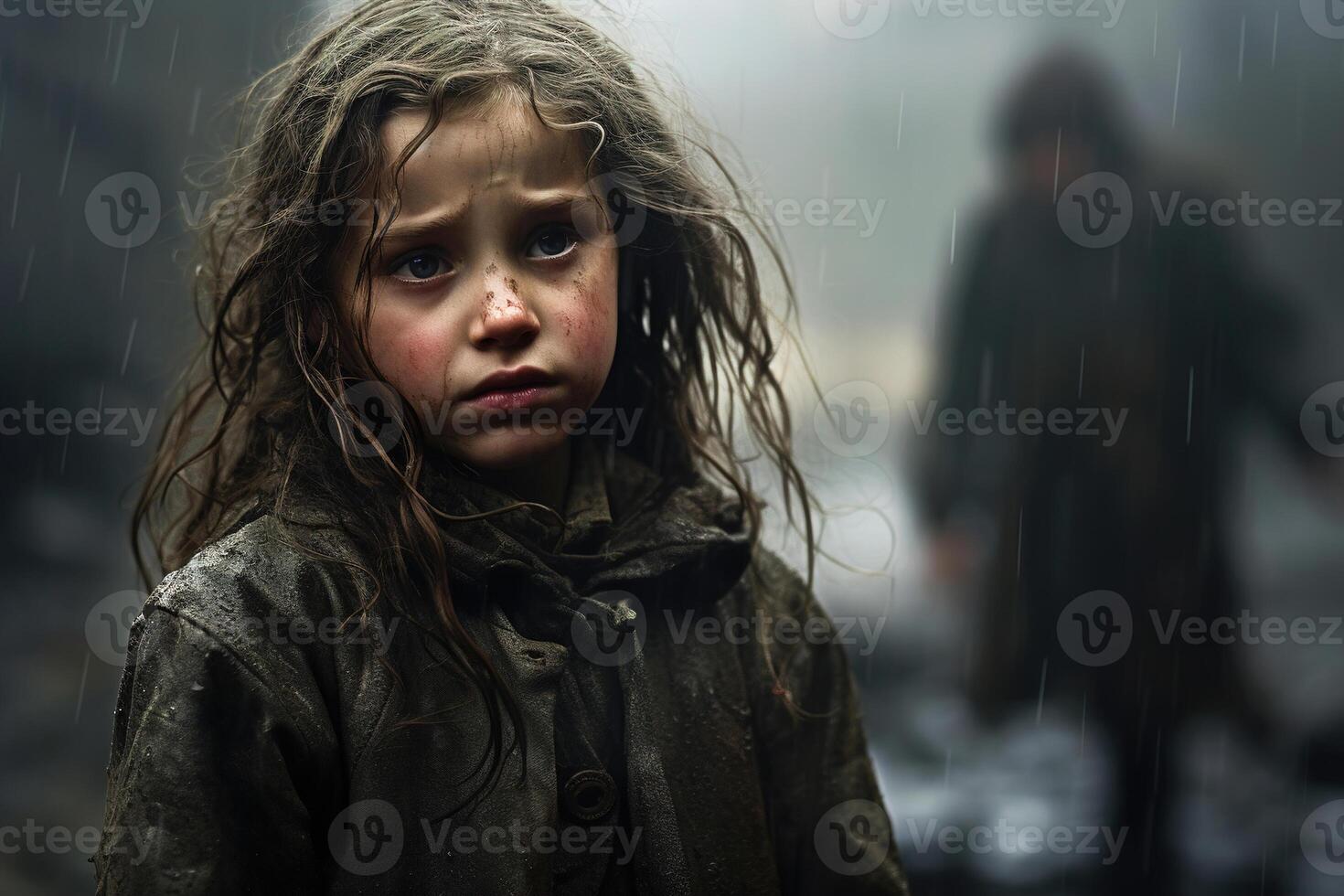 AI generated Dirty poor child, little homeless wet girl outdoors. Social problem of poverty photo