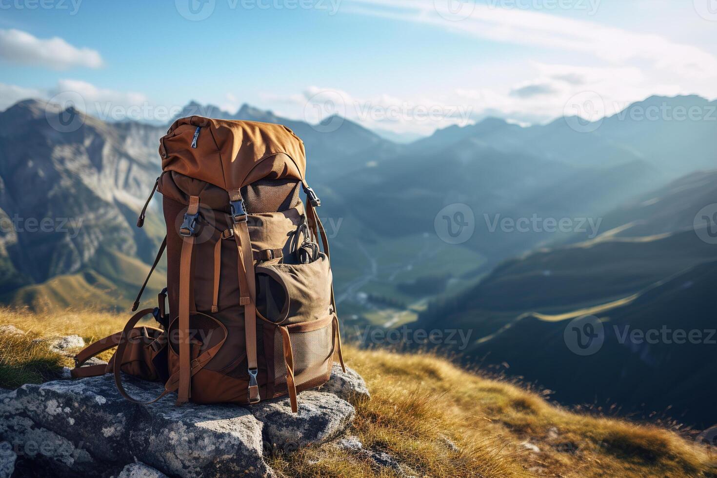 AI generated Hiking backpack in mountains. Brown travel bag in nature with copy space. Hike, adventure, tourism concept photo