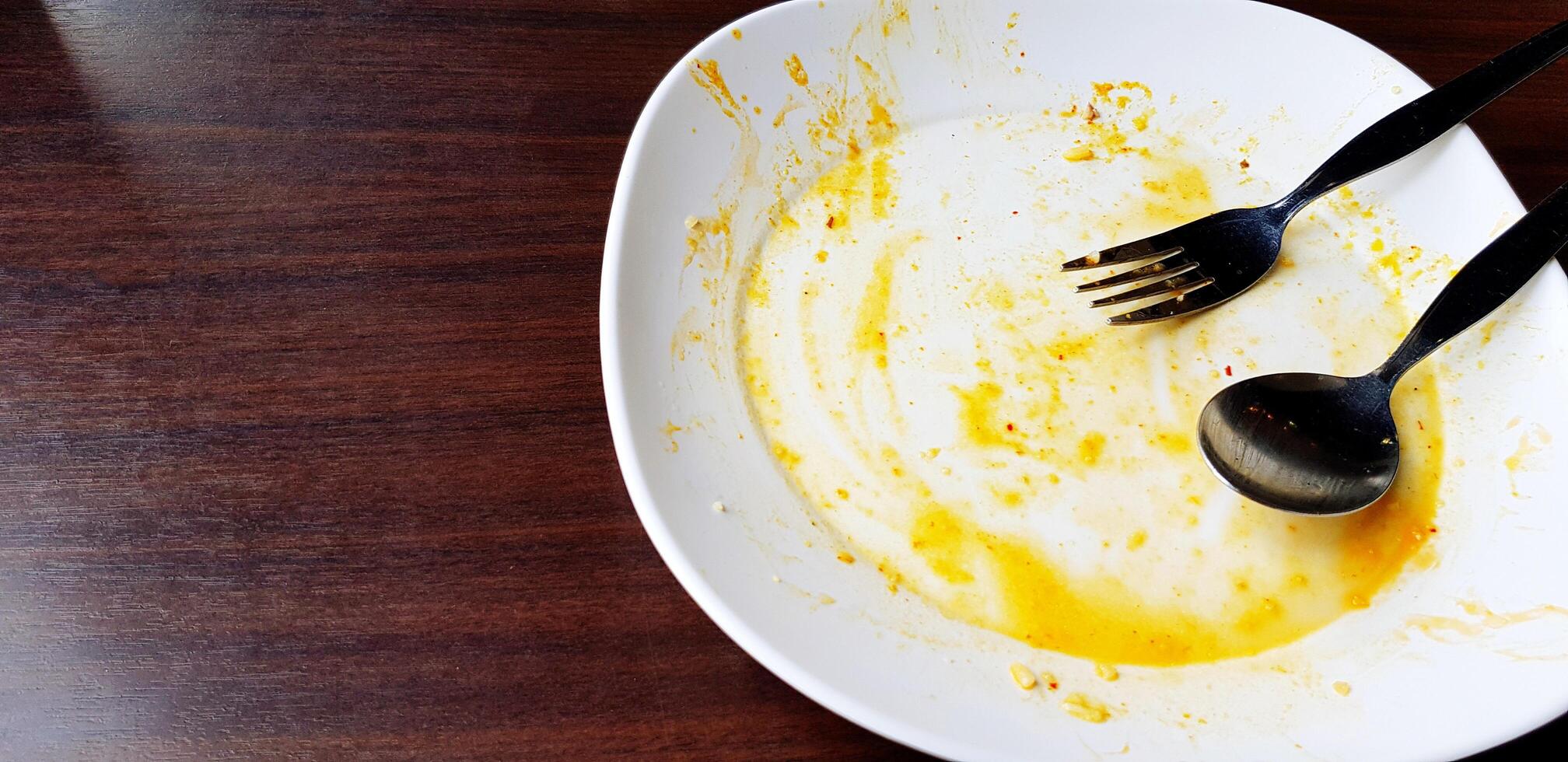 Dirty white plate with stainless steel spoon and fork after eat food finished on wooden table with copy space. Food or drink and Object concept photo