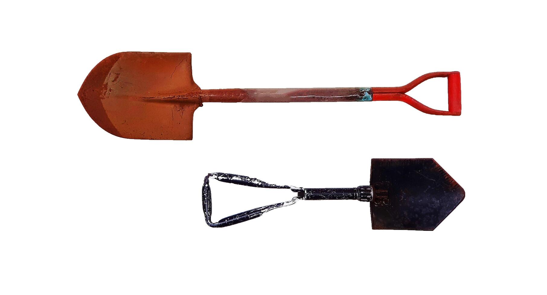 Two rusty hoe, mattock, spade or shovel isolated on white background. object, Decoration, Tool and Equipment for Agriculture and Construction concept. photo