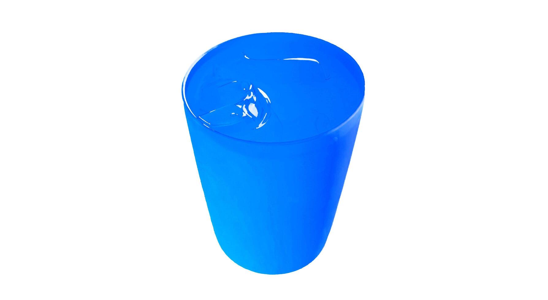 Blue plastic glass of cold water with ice isolated on white background. Thirsty, Refreshment and Drinking concept photo