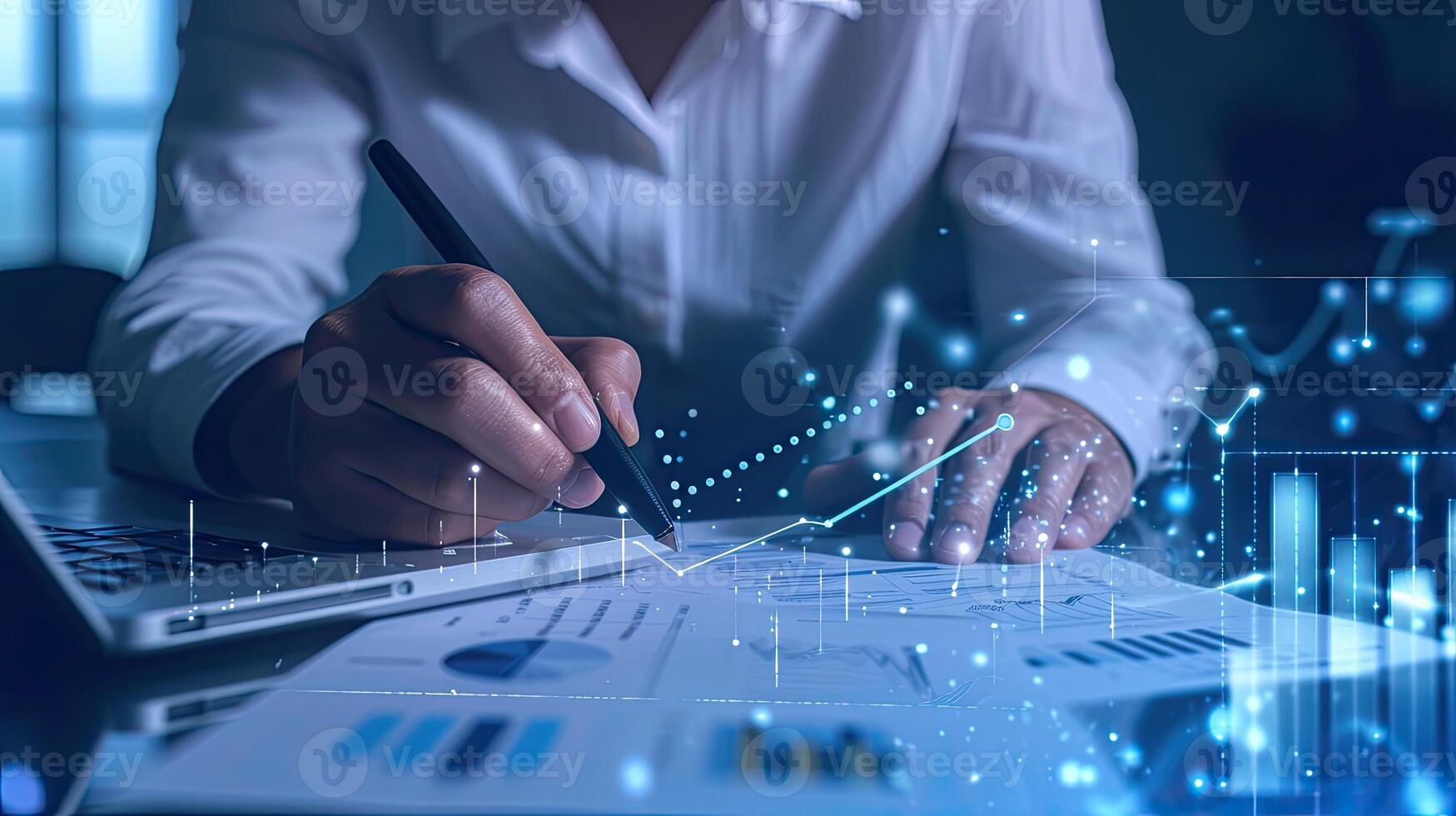 AI generated Business Professional Analyzing Financial Data on Interactive Display, Business Analytics and Growth Concept with Hand Drawing Graph photo