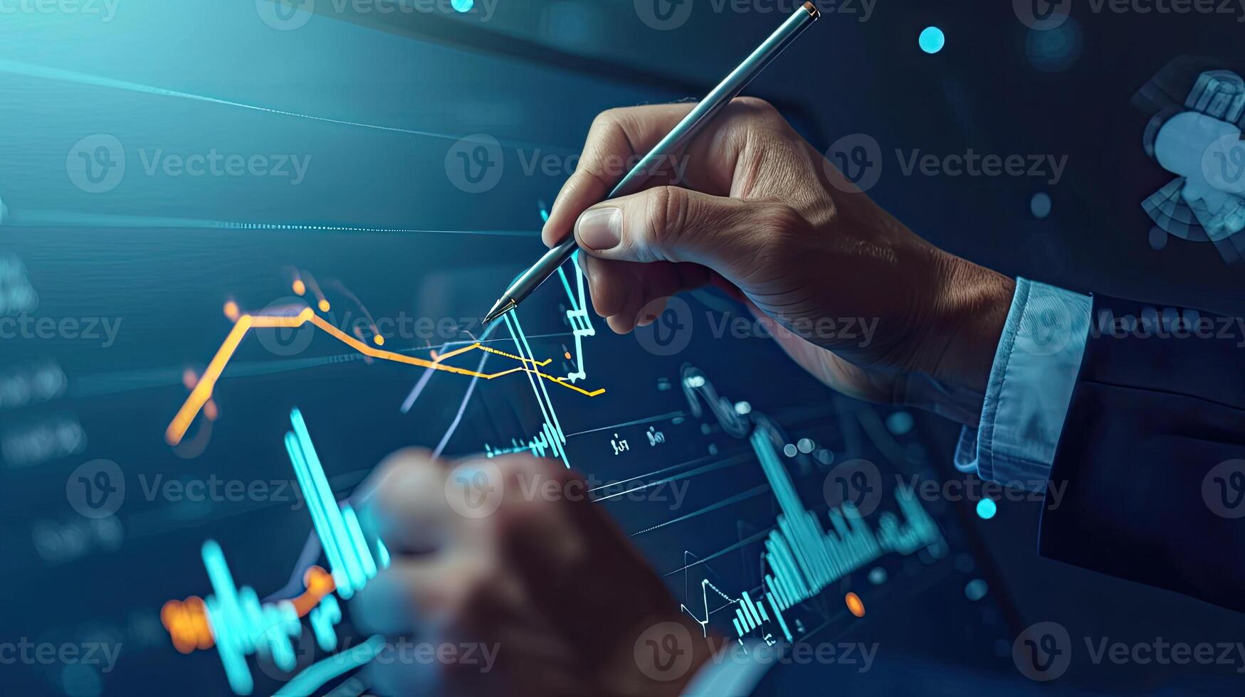 AI generated Business Professional Analyzing Financial Data on Interactive Display, Business Analytics and Growth Concept with Hand Drawing Graph photo