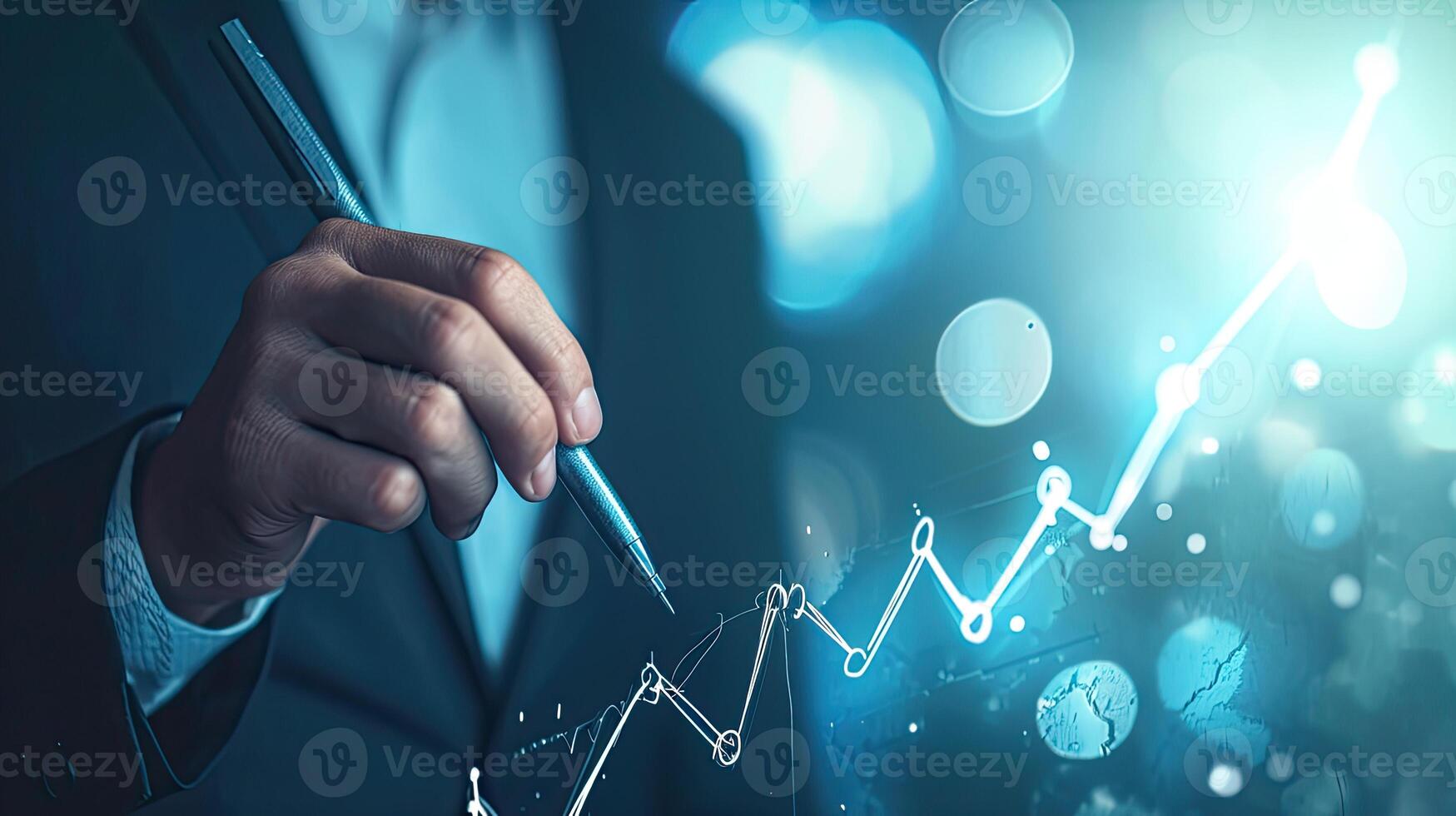 AI generated Business Professional Analyzing Financial Data on Interactive Display, Business Analytics and Growth Concept with Hand Drawing Graph photo
