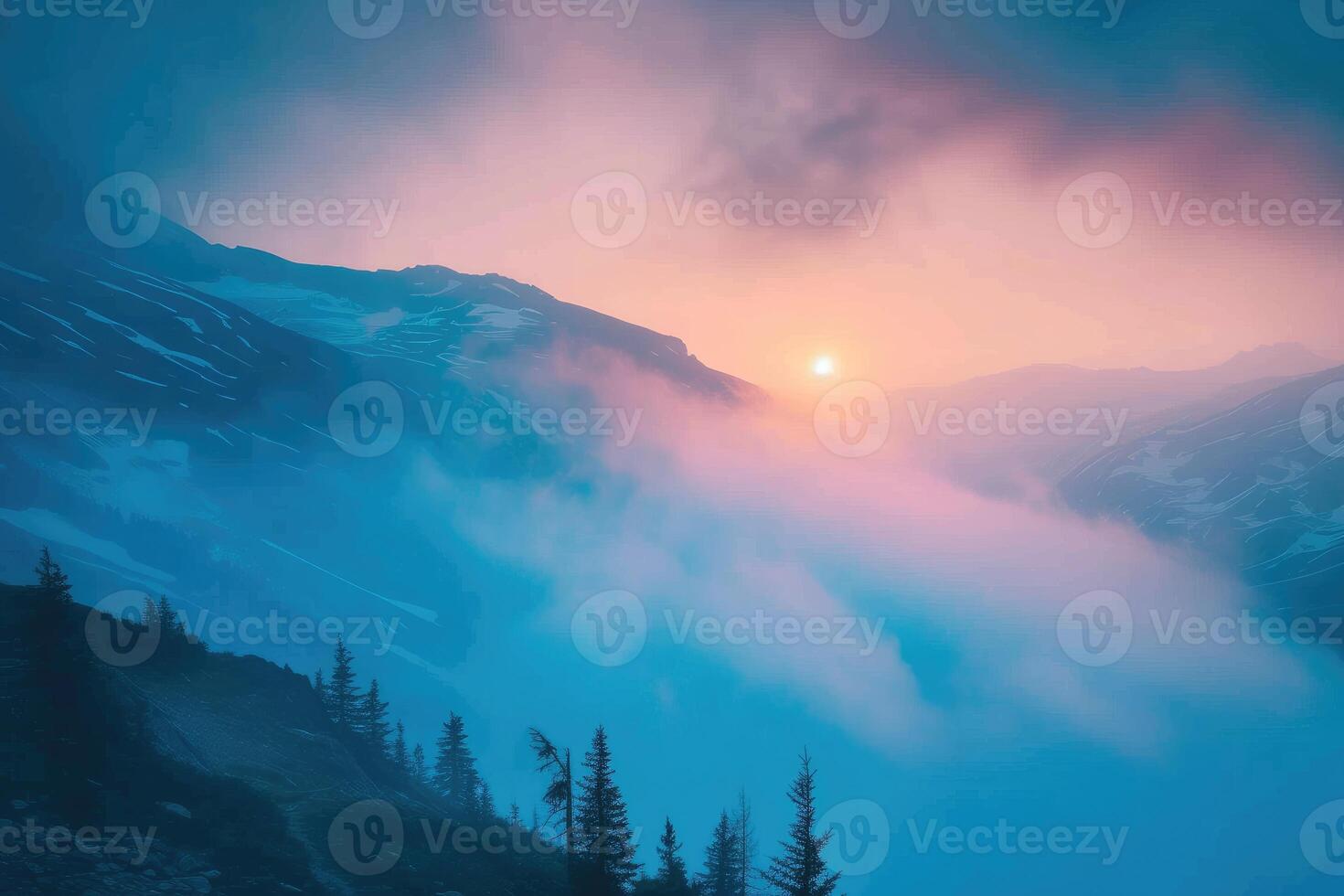 AI generated Ethereal Peaks Sunrise Unfolds in the Mountain Mist. generative ai photo