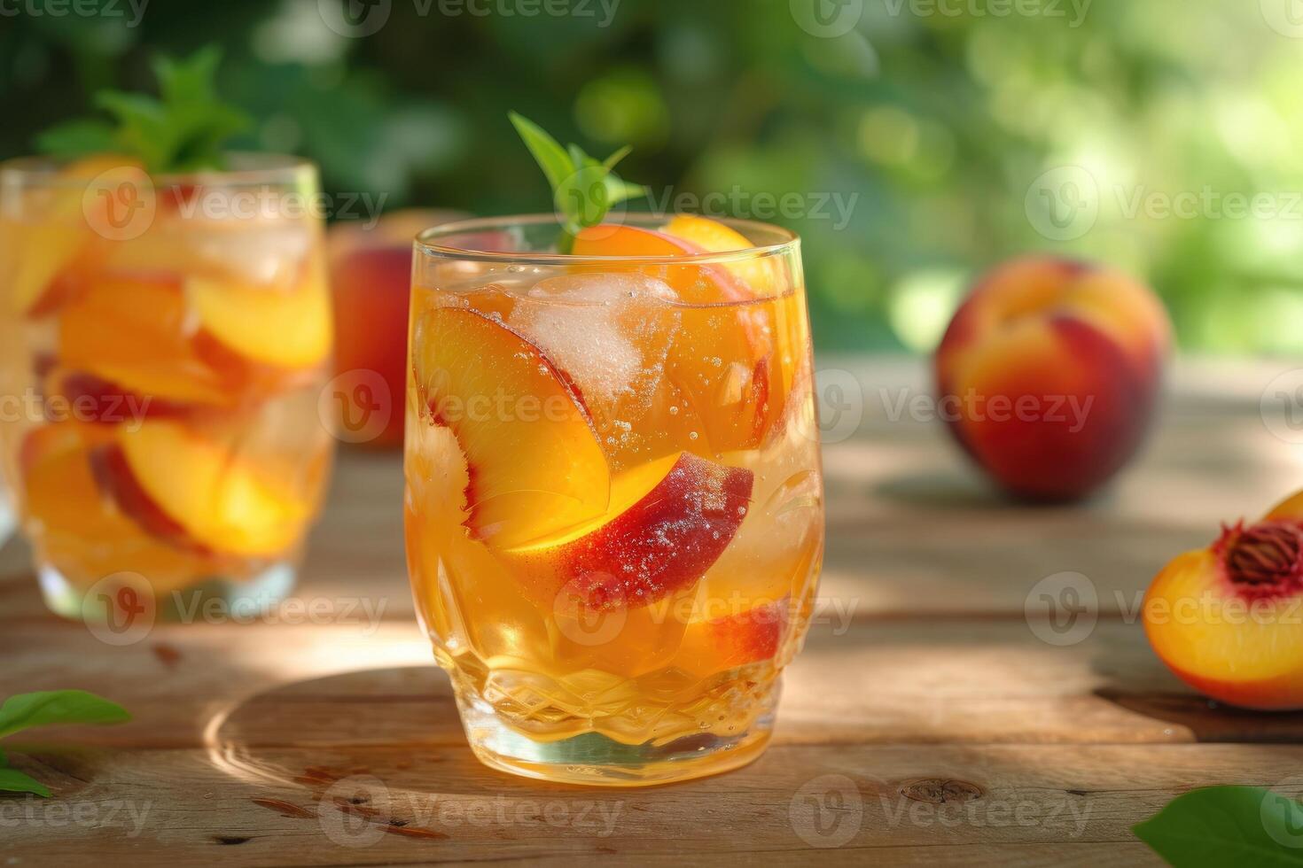 AI generated Refreshing Peach Sangria on wooden kitchen background. generative ai photo