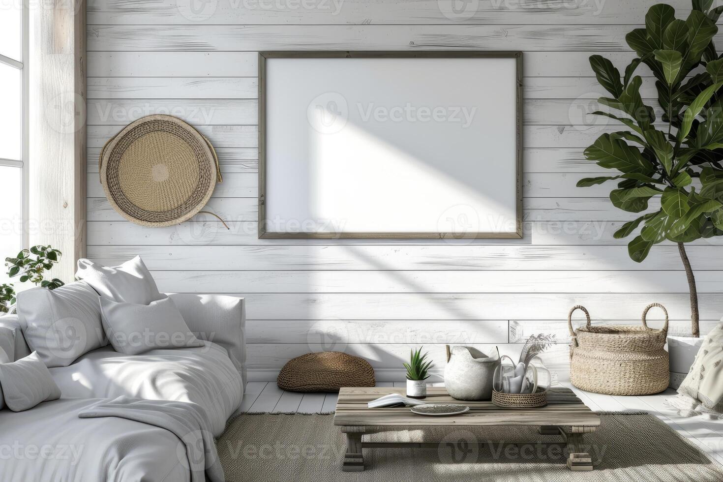 AI generated Minimalist farmhouse living room with blank frame mockup on white wooden wall paint. generative ai photo