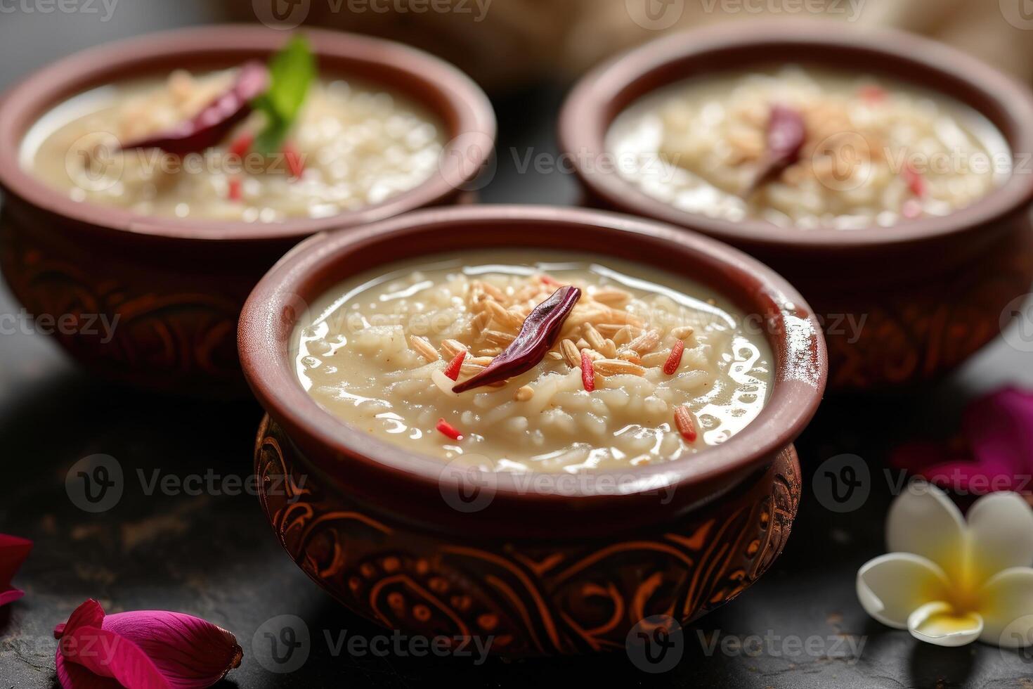 AI generated Kheer,payasam, A creamy and sweet rice pudding Indian dish, made by boiling milk, sugar or jaggery, and rice. generative ai photo