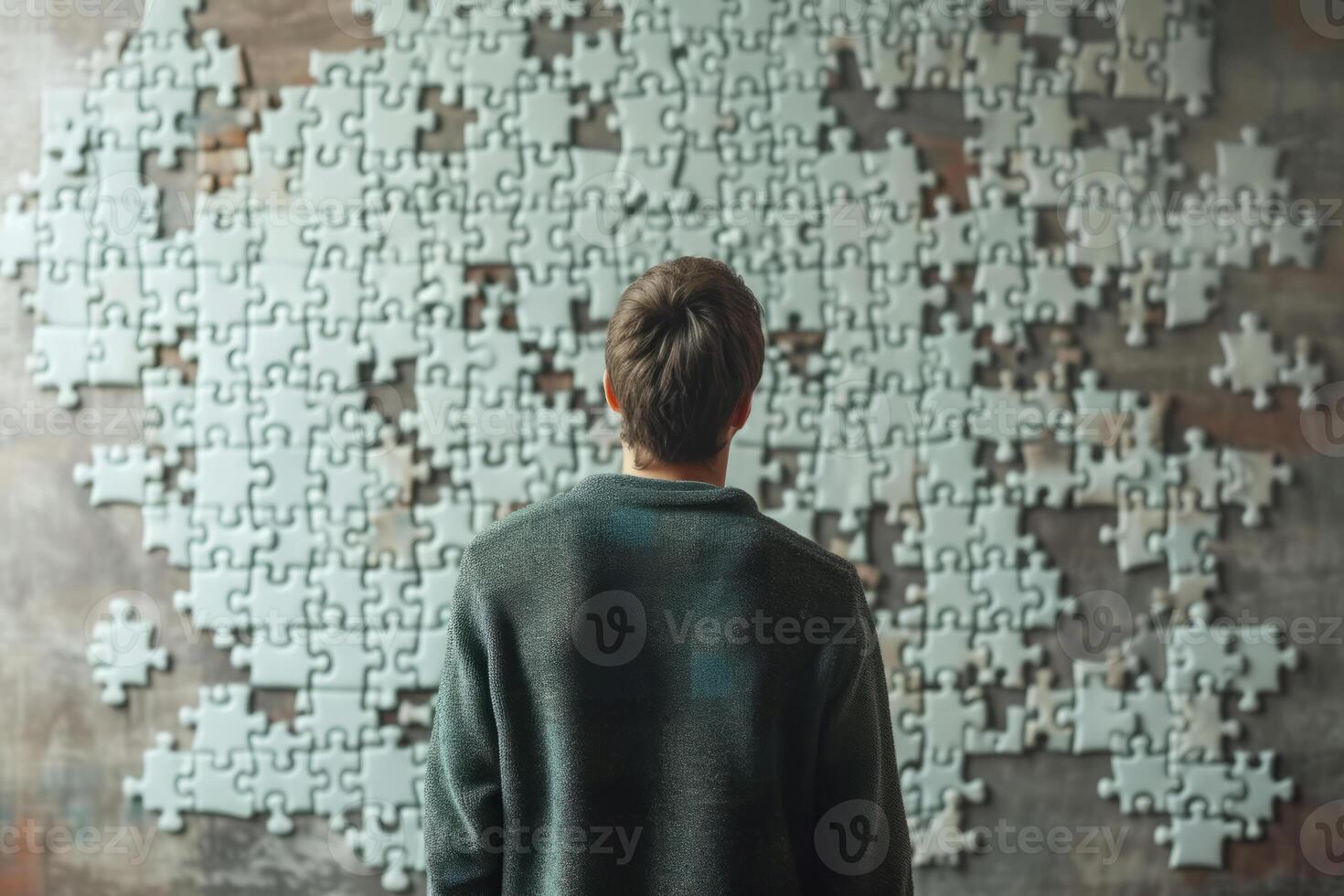 AI generated Back view of man watching on big puzzle on wall. Generative AI photo