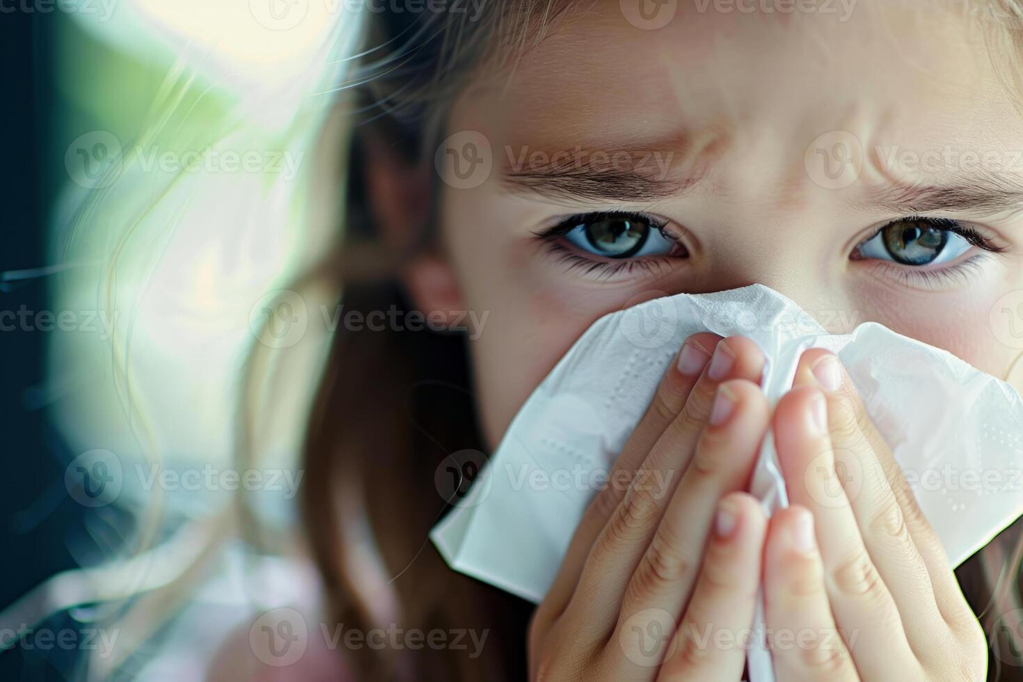 AI generated Closeup of sick girl is blowing her nose into a tissue. Generative AI photo