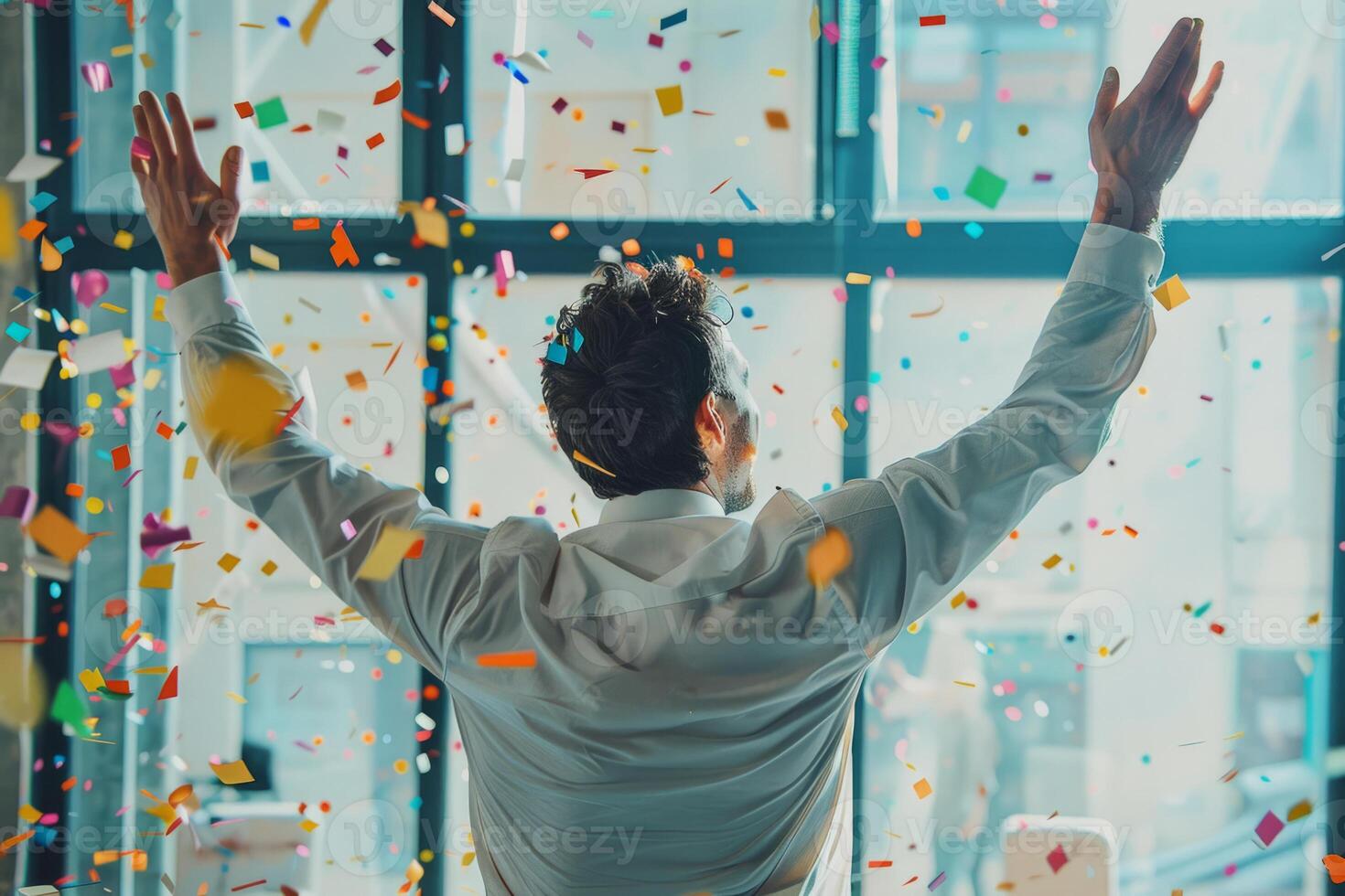 AI generated Rear view of happy businessman celebrates success with confetti in office. Generative AI photo