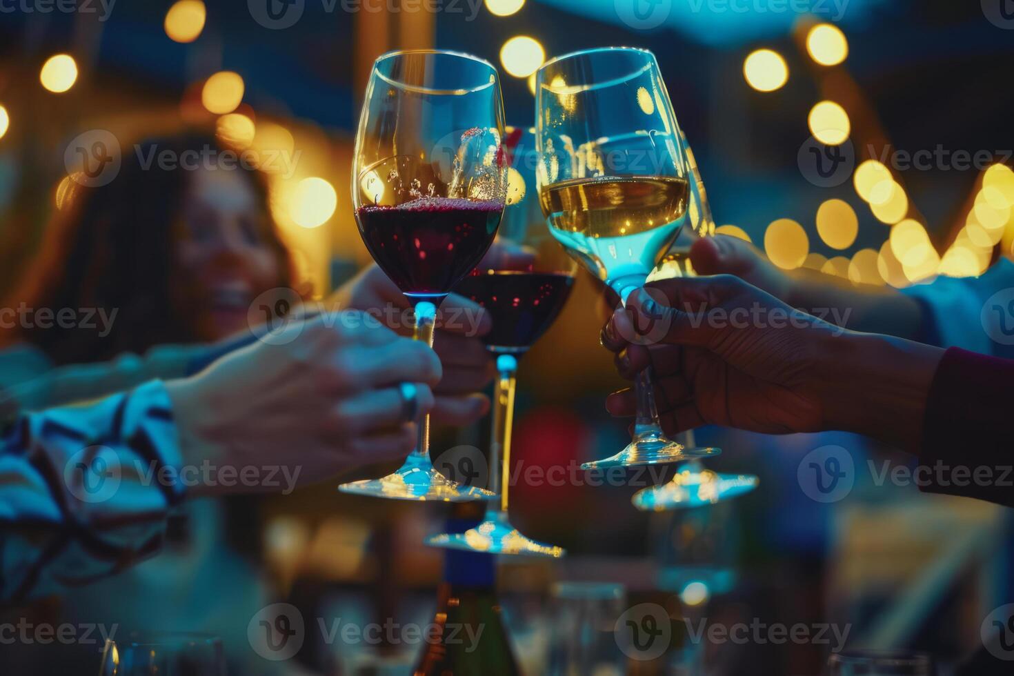 AI generated Friends toasting with glasses of red wine during outdoor party in summer. Generative AI photo