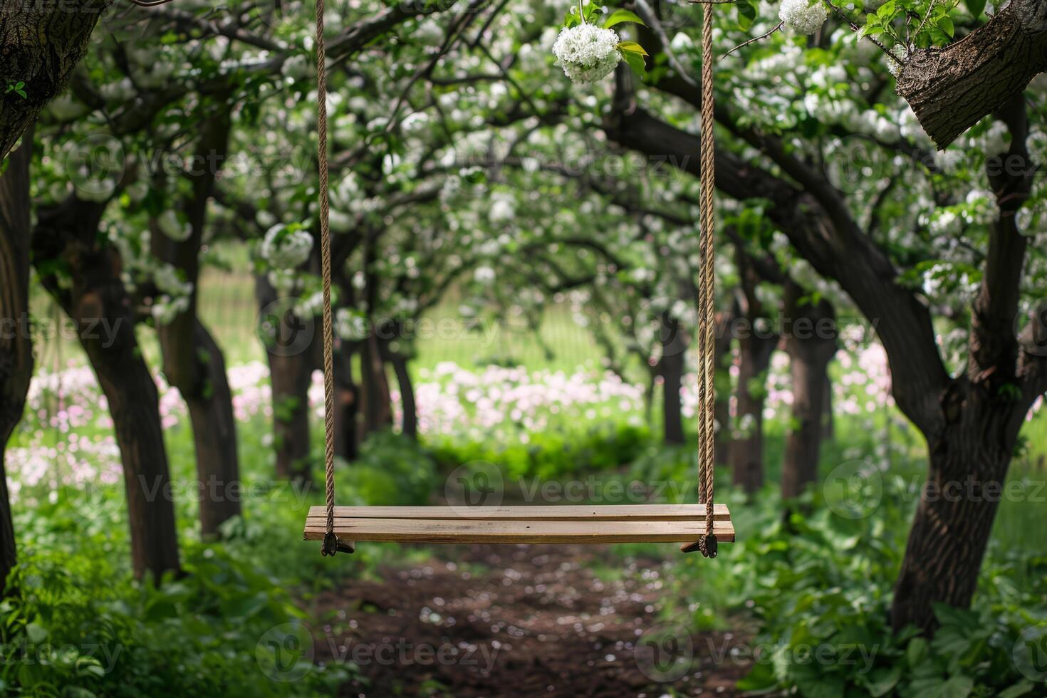 AI generated Wooden swing hanging from a tree in a blooming garden. Generative AI photo