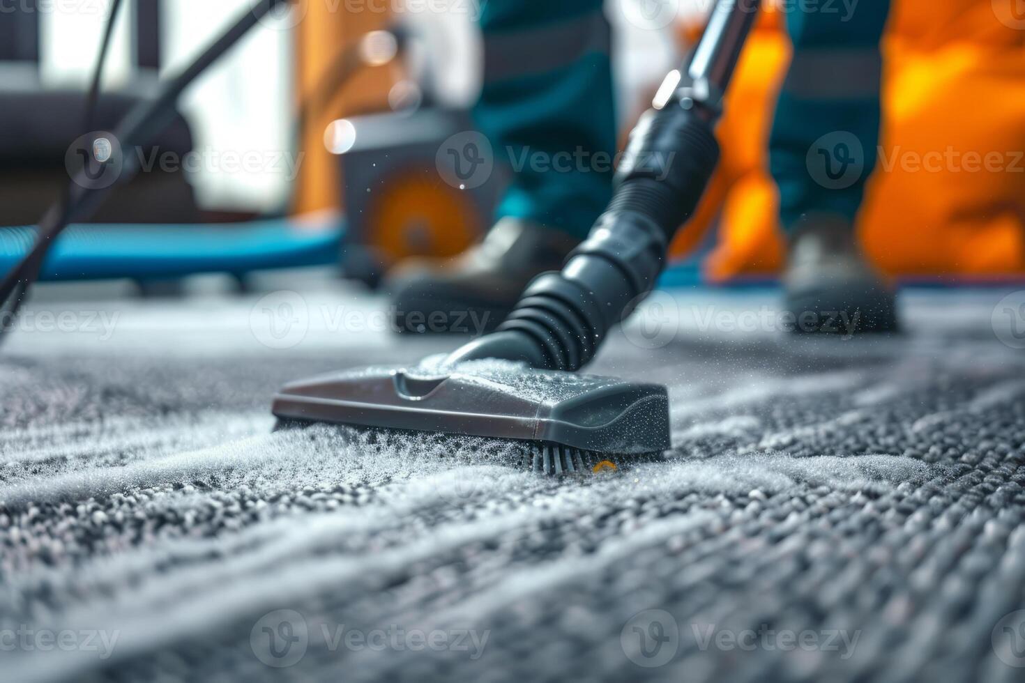 AI generated Professional cleaner washing a carpet with vacuum cleaner indoors. Generative AI photo