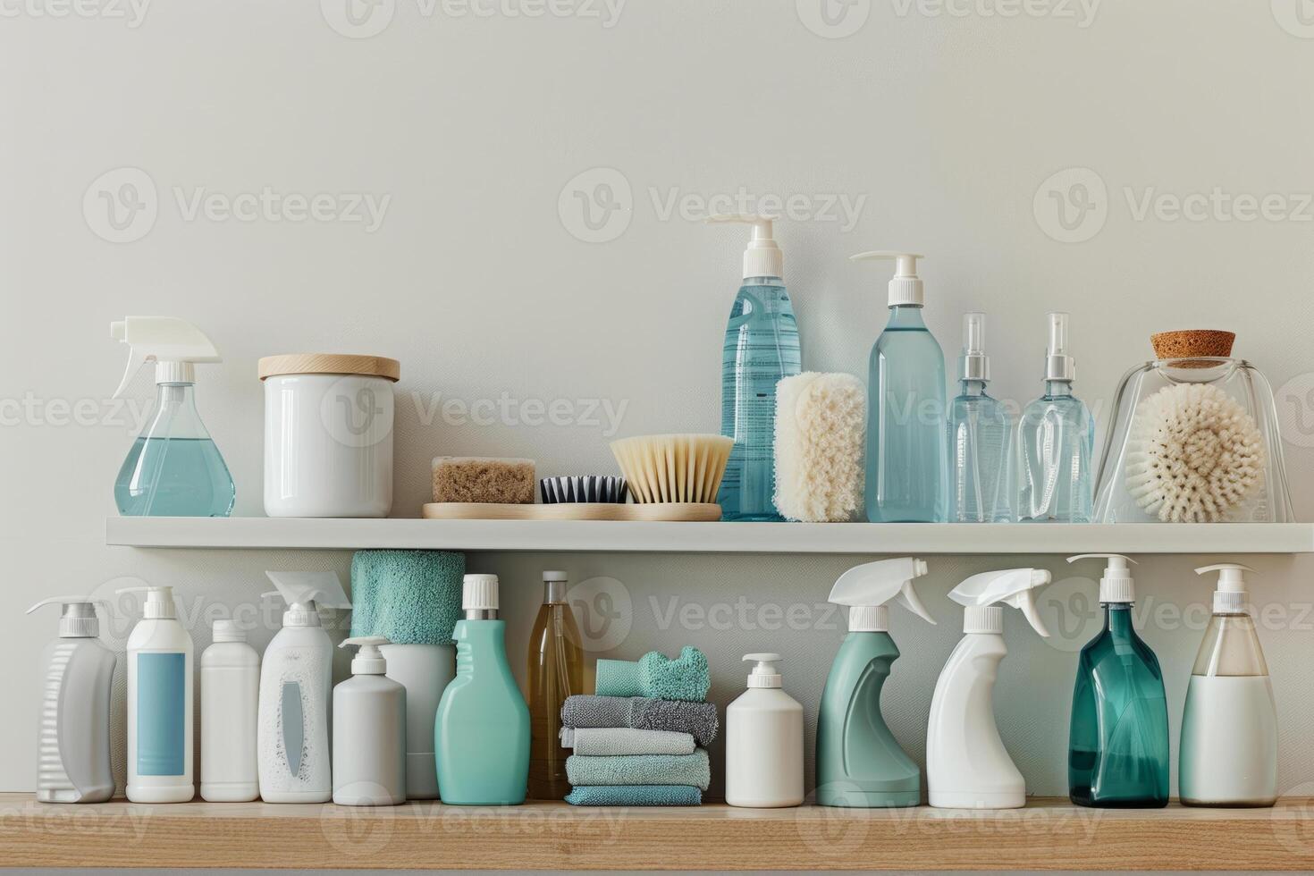 AI generated Neatly organized cleaning products on a shelf. Spring cleaning concept. Generative AI photo