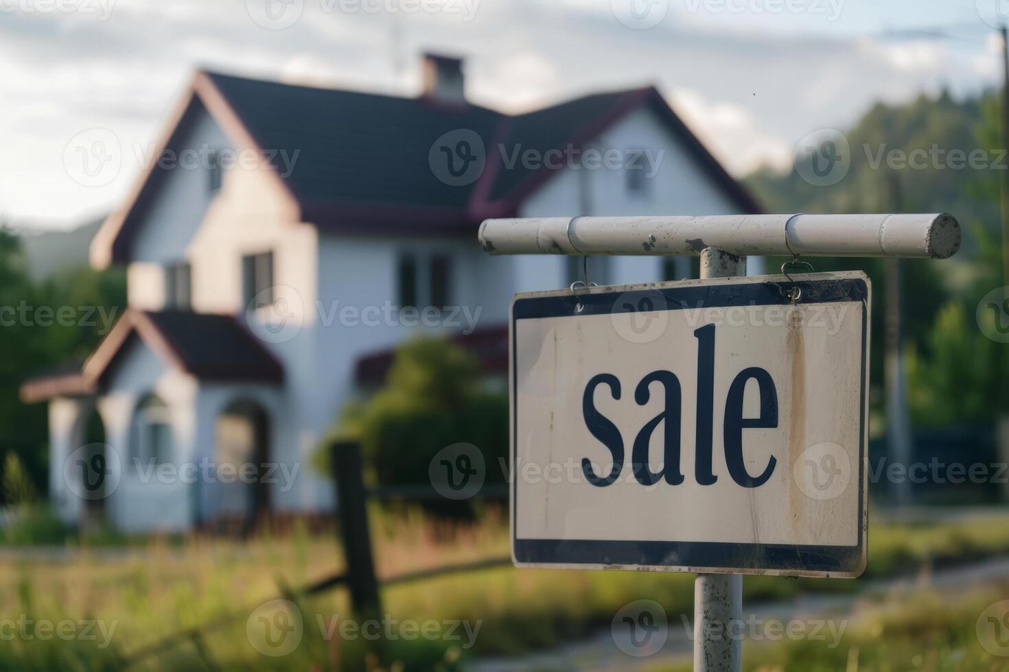 AI generated For sale sign in focus with a blurred house in the background. Generative AI photo