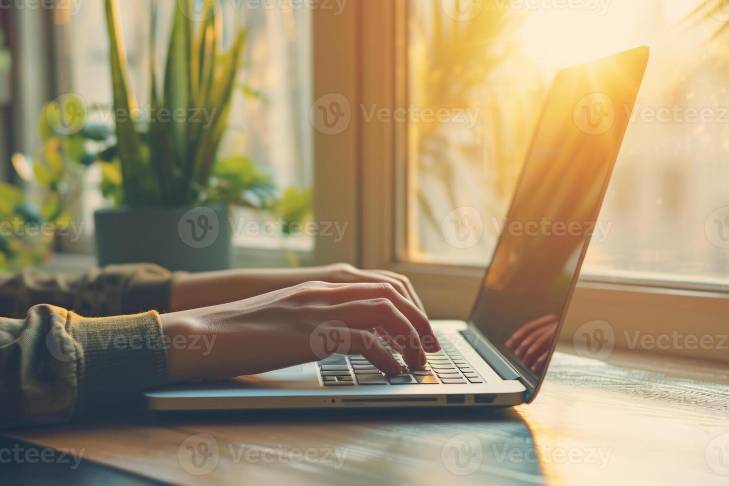 AI generated Side view of woman's hands typing on a laptop. Generative AI photo