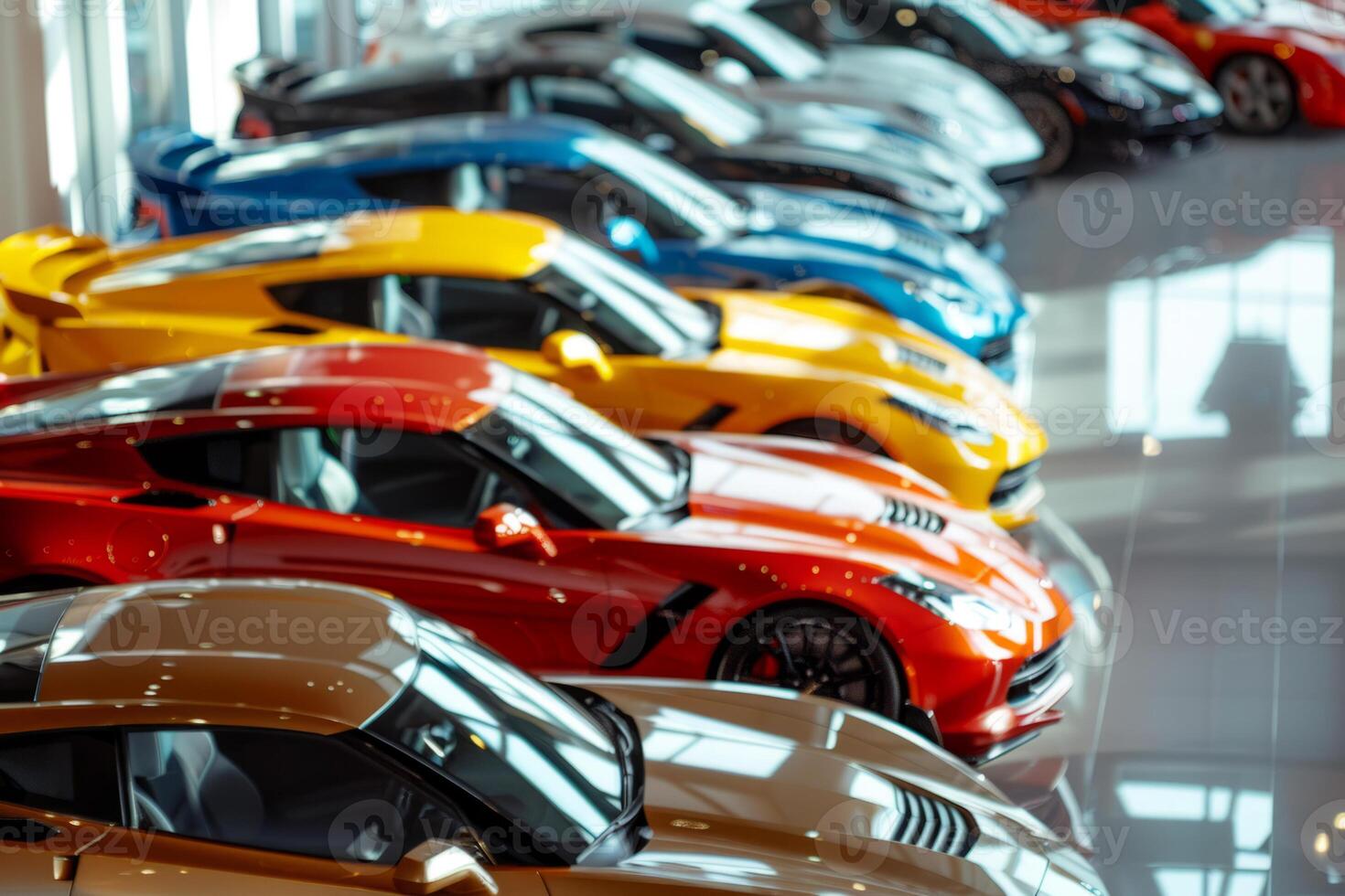 AI generated New cars in the showroom waiting for sale. Generative AI photo