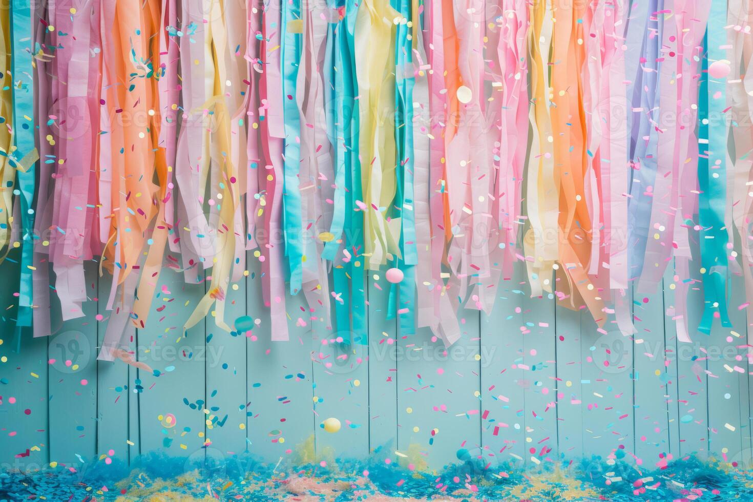 AI generated Birthday party decorations. Streamers, banners and confetti. Generative AI photo