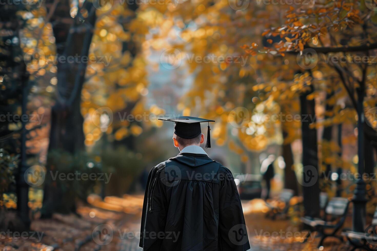 AI generated Rear view of man in graduation attire near university. Generative AI photo