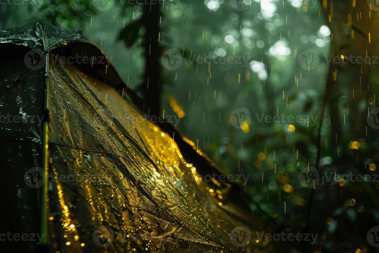 AI generated Wet tent at the campground in the forest with rain. Generative AI photo