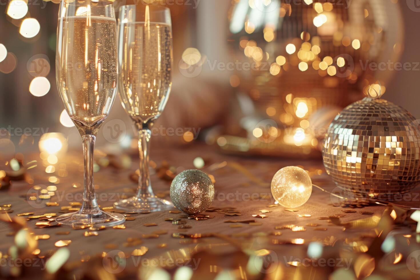 AI generated Festive party composition with glasses of champagne, confetti, gold decorations and disco ball. Generative AI photo