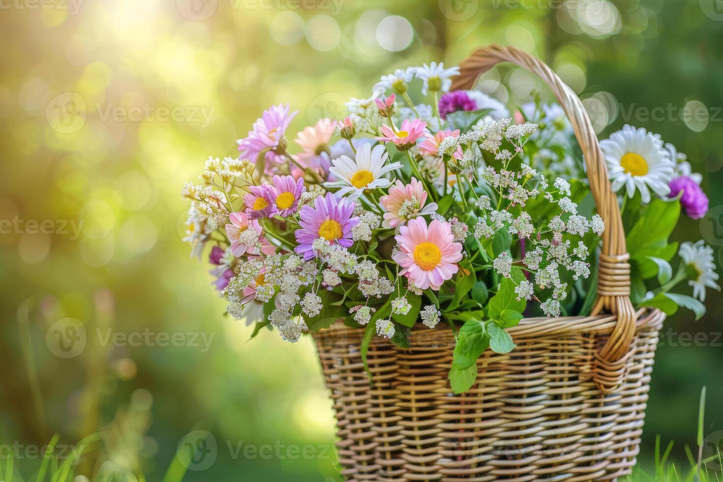 ai generado hermosa ramo de flores de brillante flores silvestres en mimbre cesta. generativo ai foto