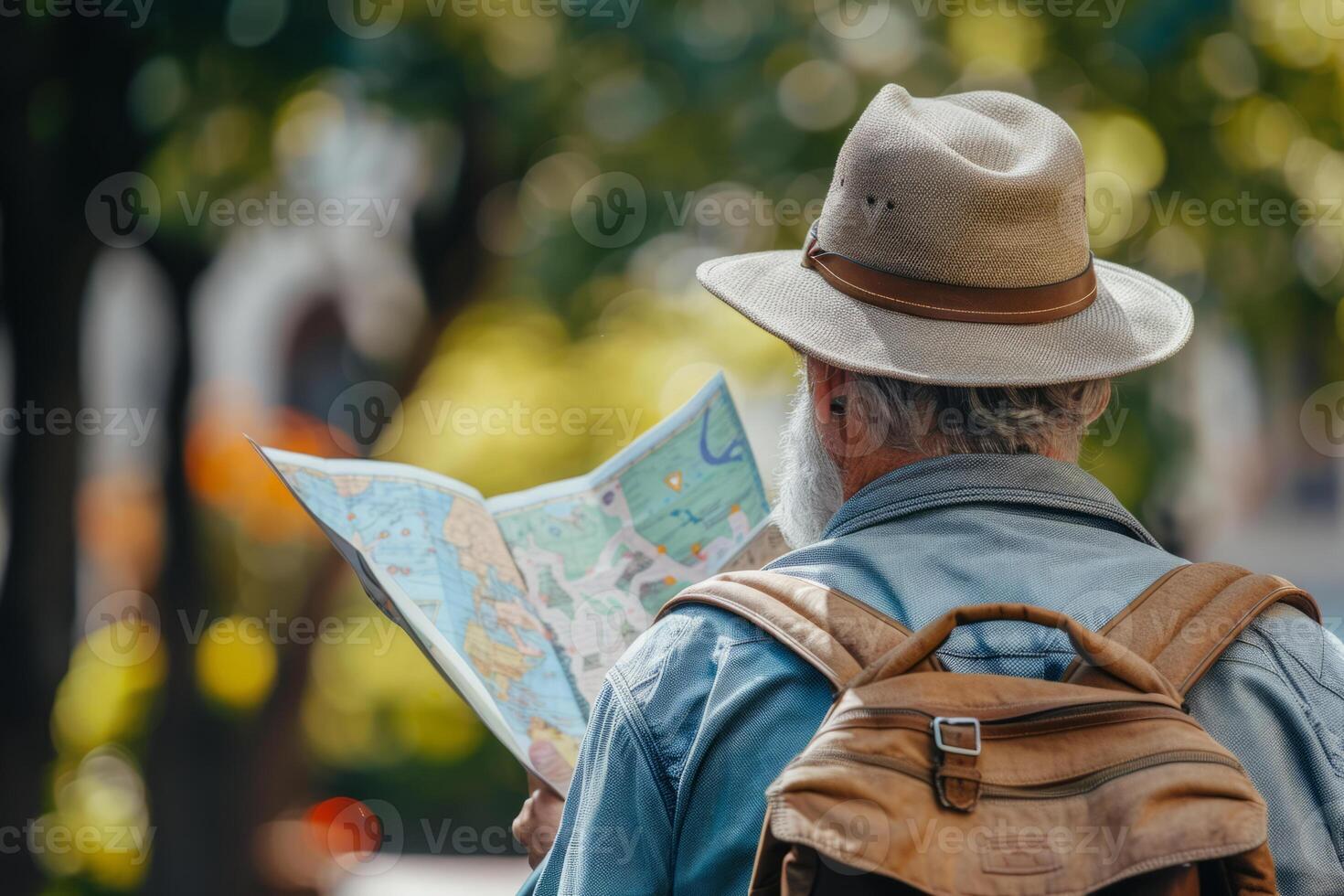AI generated Man with backpack looking at a map while touring a foreign city. Generative AI photo