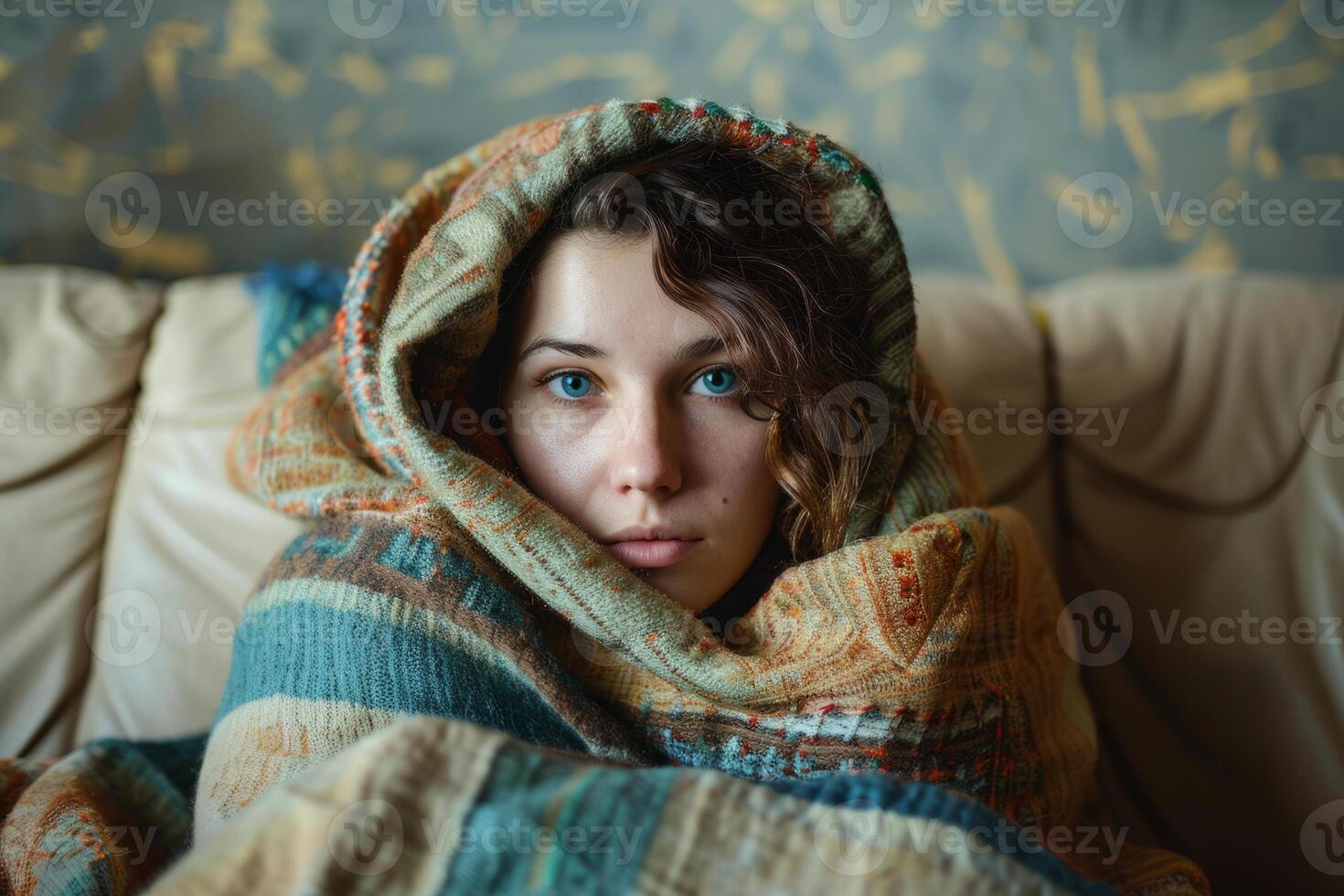 AI generated Sick woman covered in warm blanket sitting on couch in living room, sneezing nose with napkin. Generative AI photo