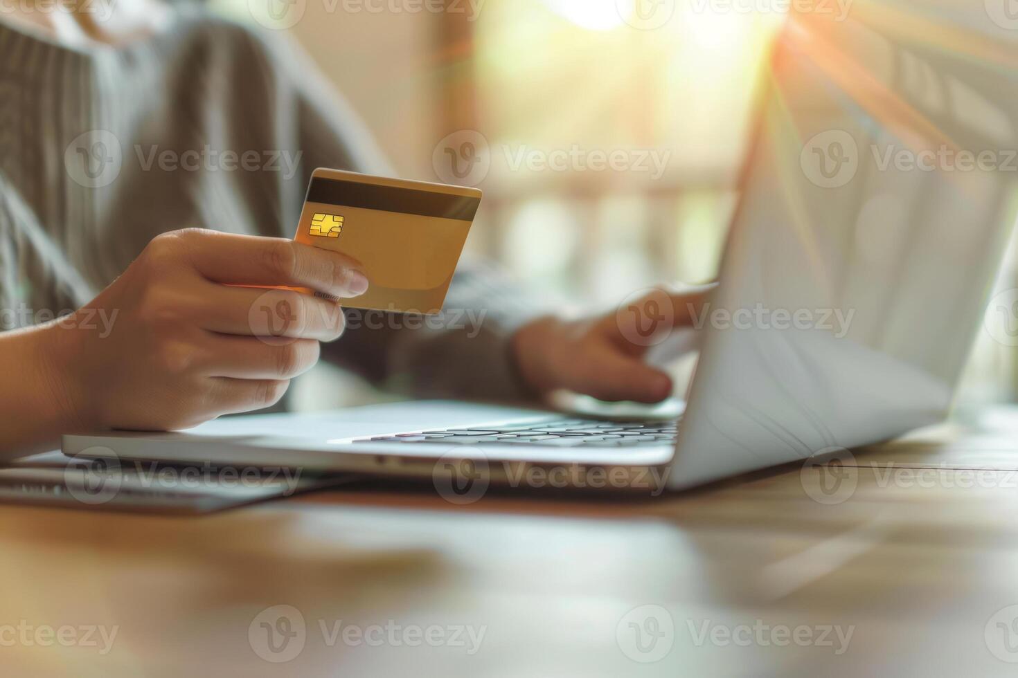 AI generated Hands holding plastic credit card and using laptop. Online shopping concept. Generative AI photo