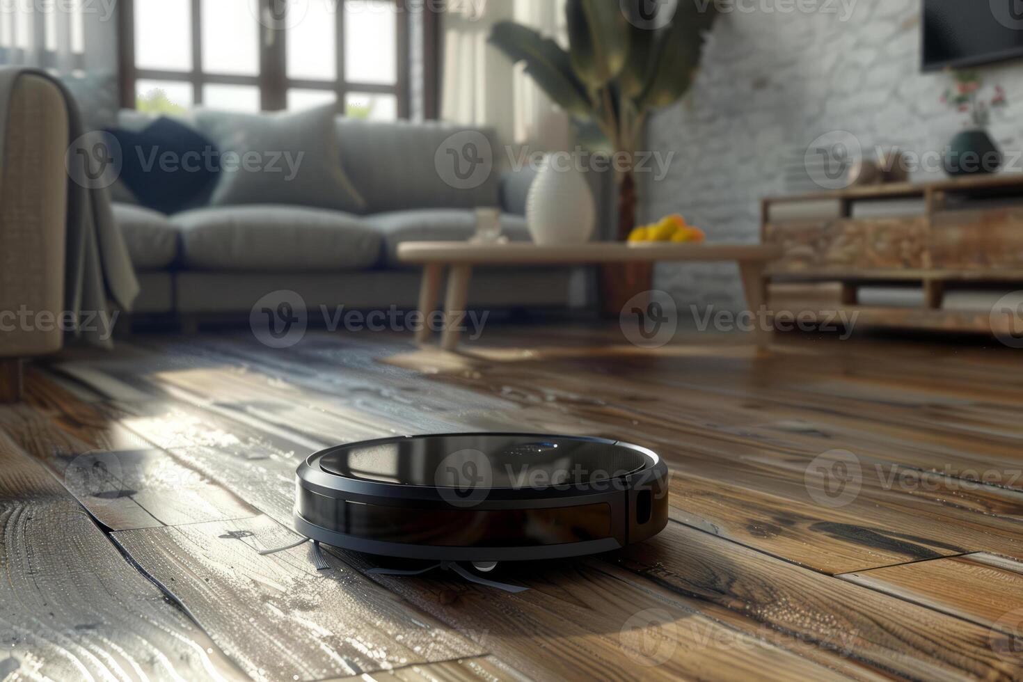AI generated Robotic vacuum cleaner on the floor in cozy modern living room. Generative AI photo