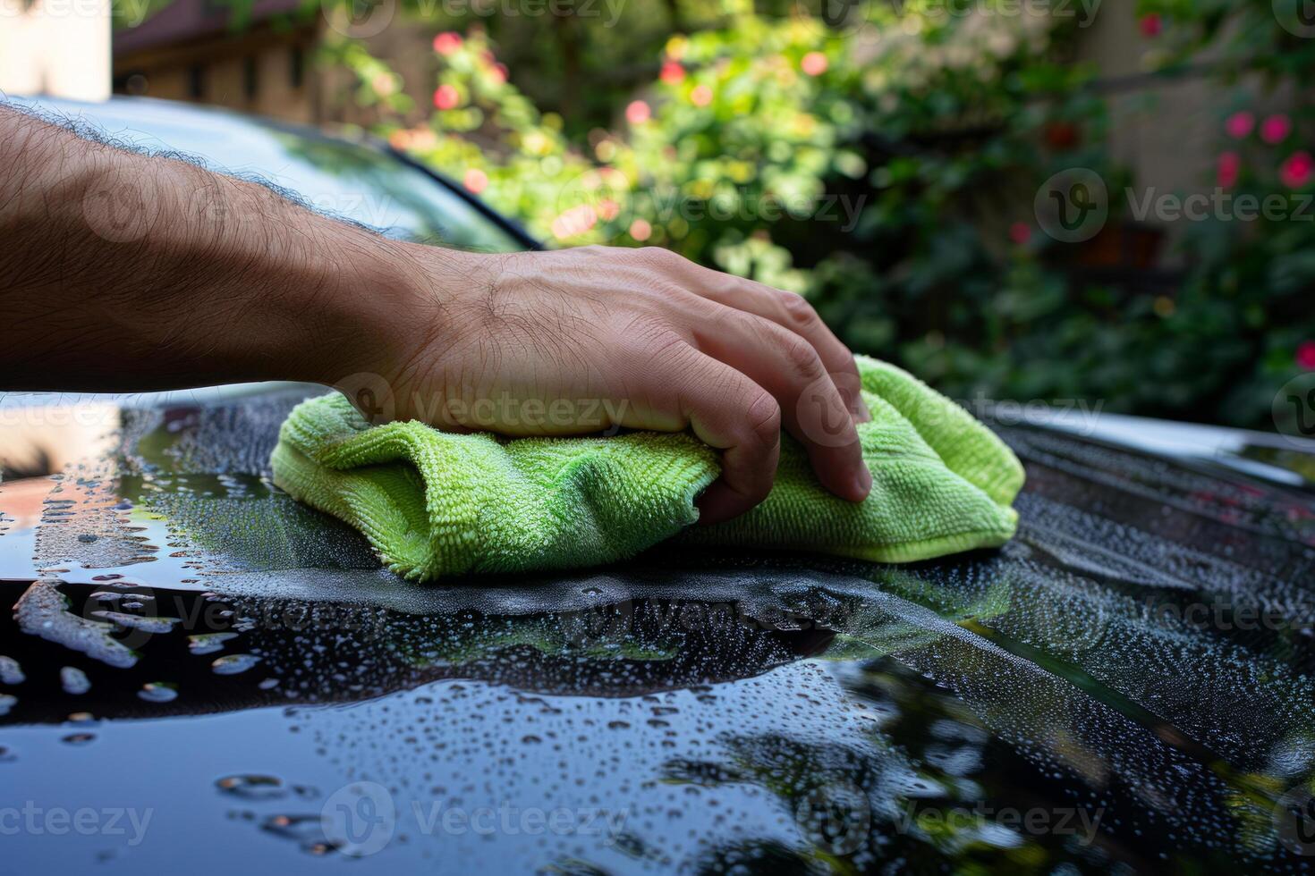AI generated Man washing a soapy car with a microfiber cloth. Cleaning the car. Generative AI photo