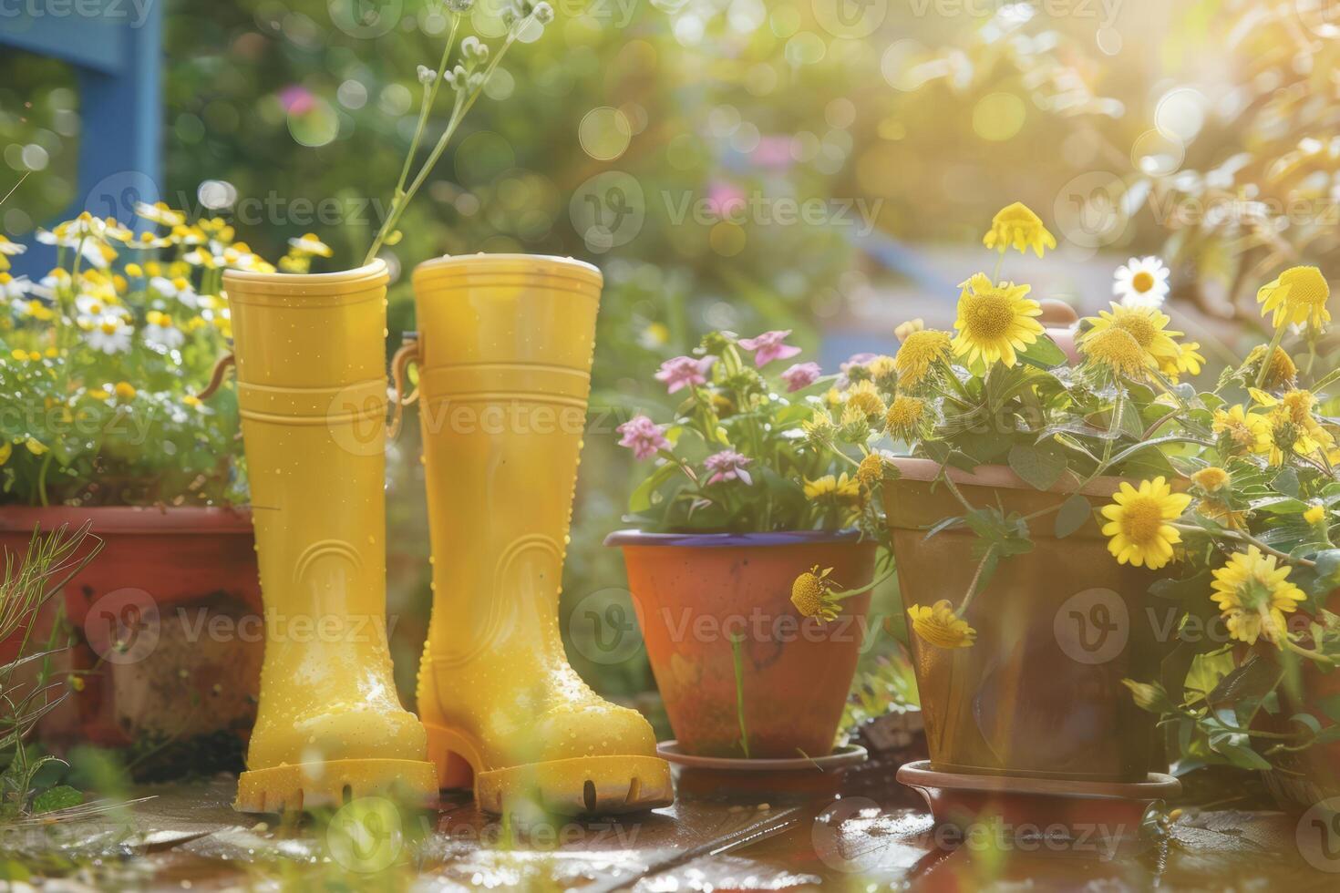 AI generated Gardening background with flower pots and yellow boots in sunny spring garden. Generative AI photo