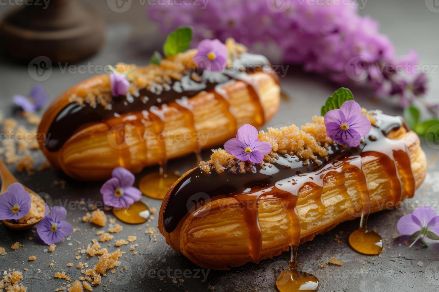 AI generated Eclairs drizzled with honey and garnished with candied violets. Generative AI photo