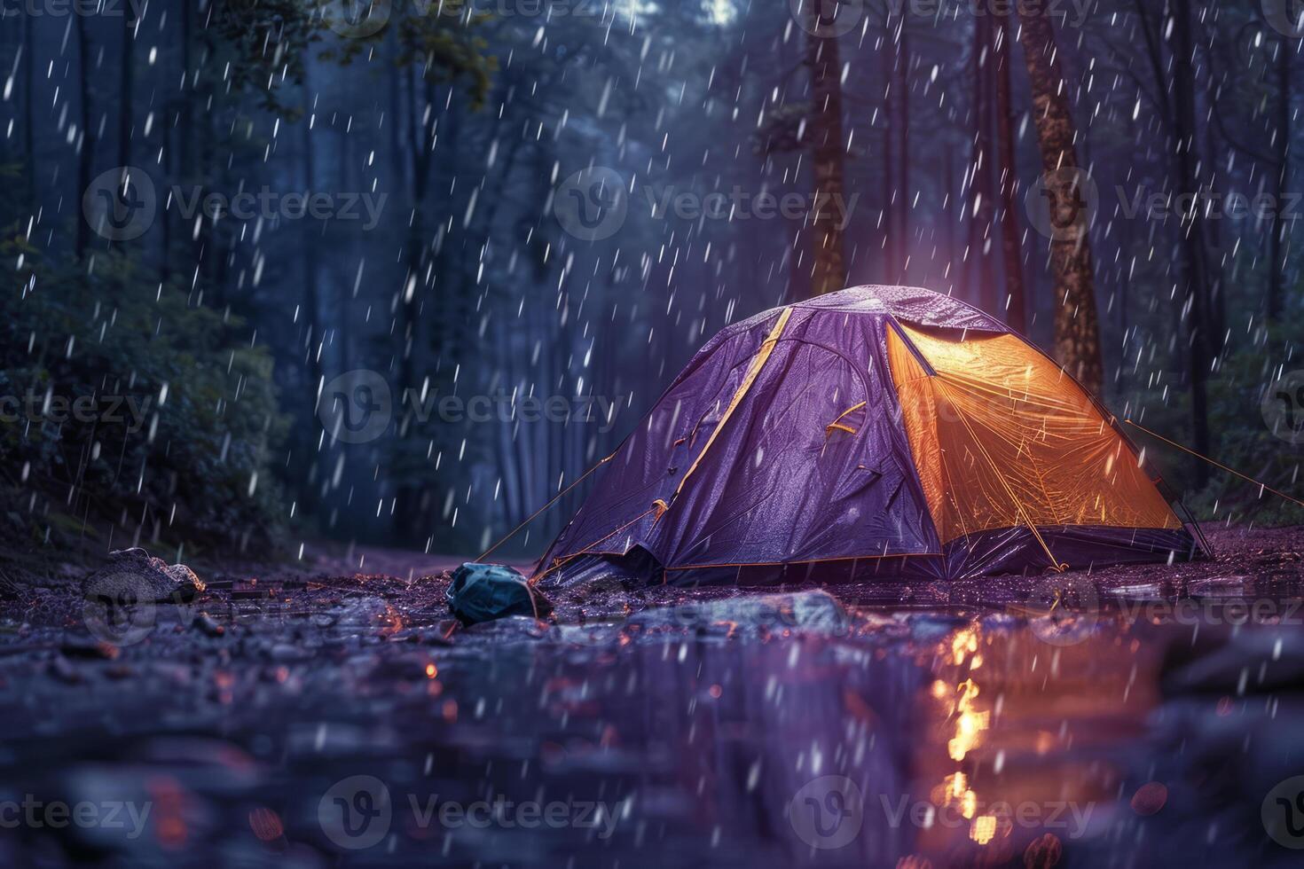 AI generated Wet tent at the campground in the forest with rain. Generative AI photo