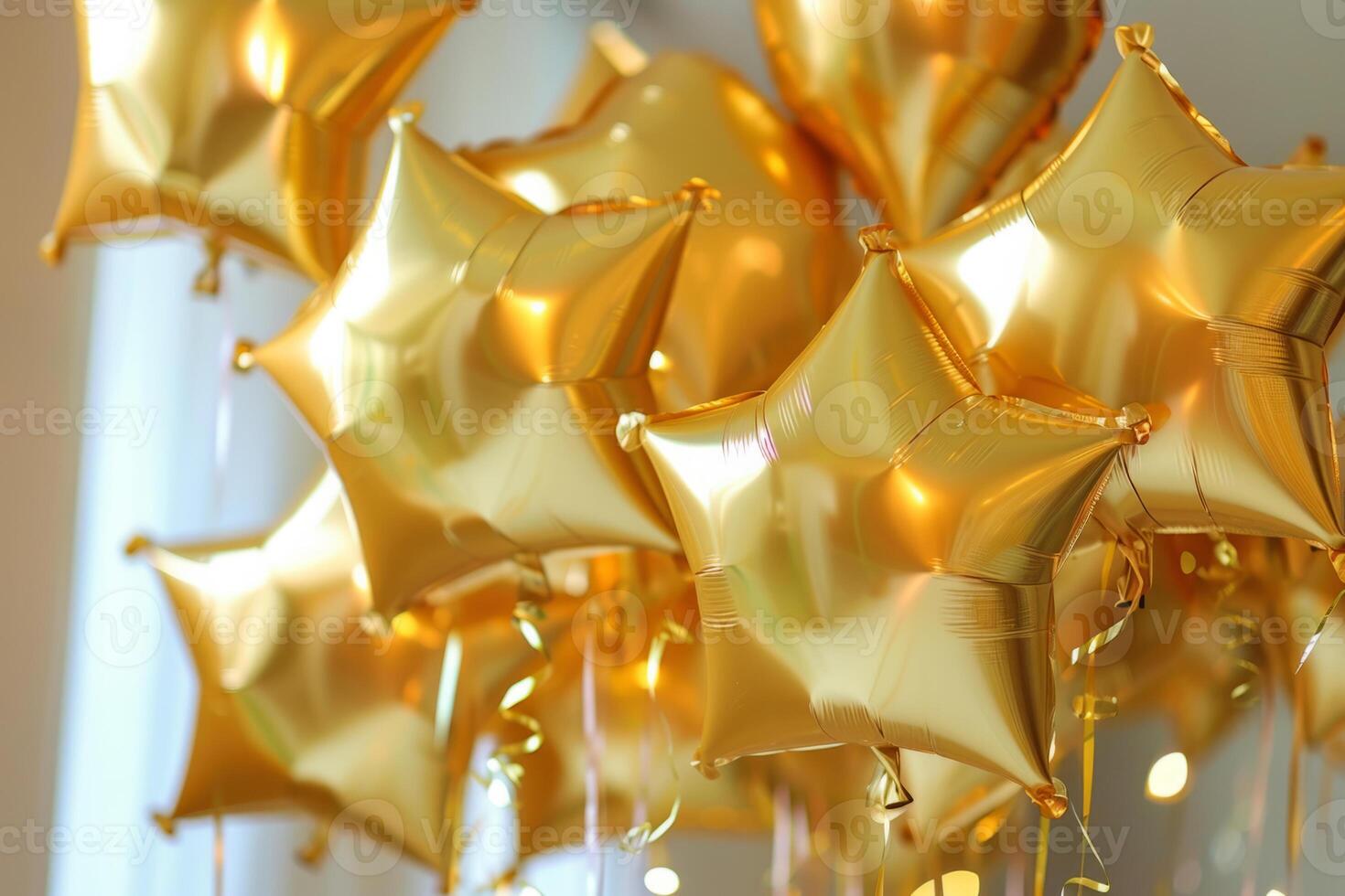 AI generated Group of gold foil star shaped balloons. Generative AI photo