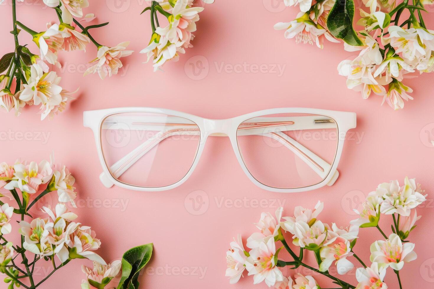 AI generated Eyeglasses with fresh flowers on light pink background. Generative AI photo