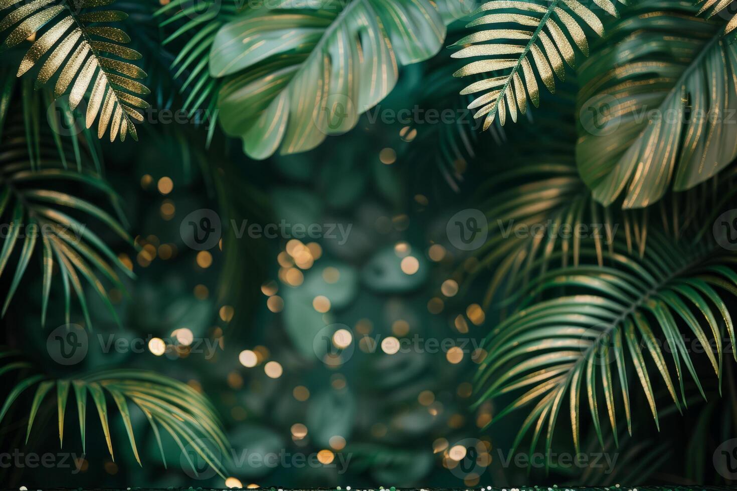 AI generated Tropical palm leaves and gold glitter background. Generative AI photo